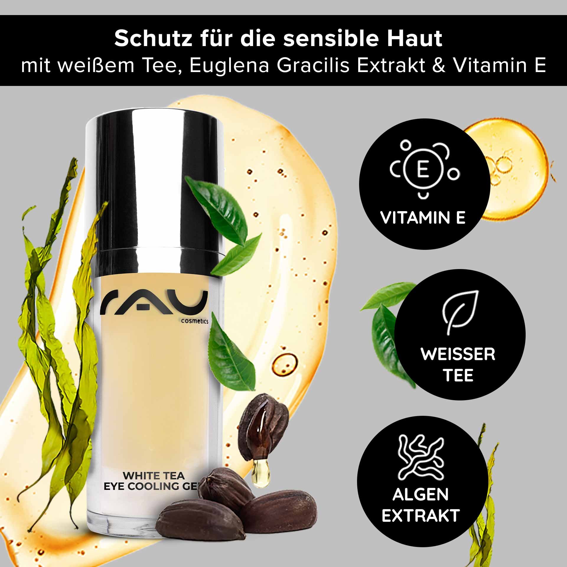 RAU Cosmetics White Tea Eye Cooling Gel with white tea, Euglena gracilis extract, and Vitamin E, developed for sensitive skin, surrounded by leaves and drops emphasizing hydration and anti-aging effect.