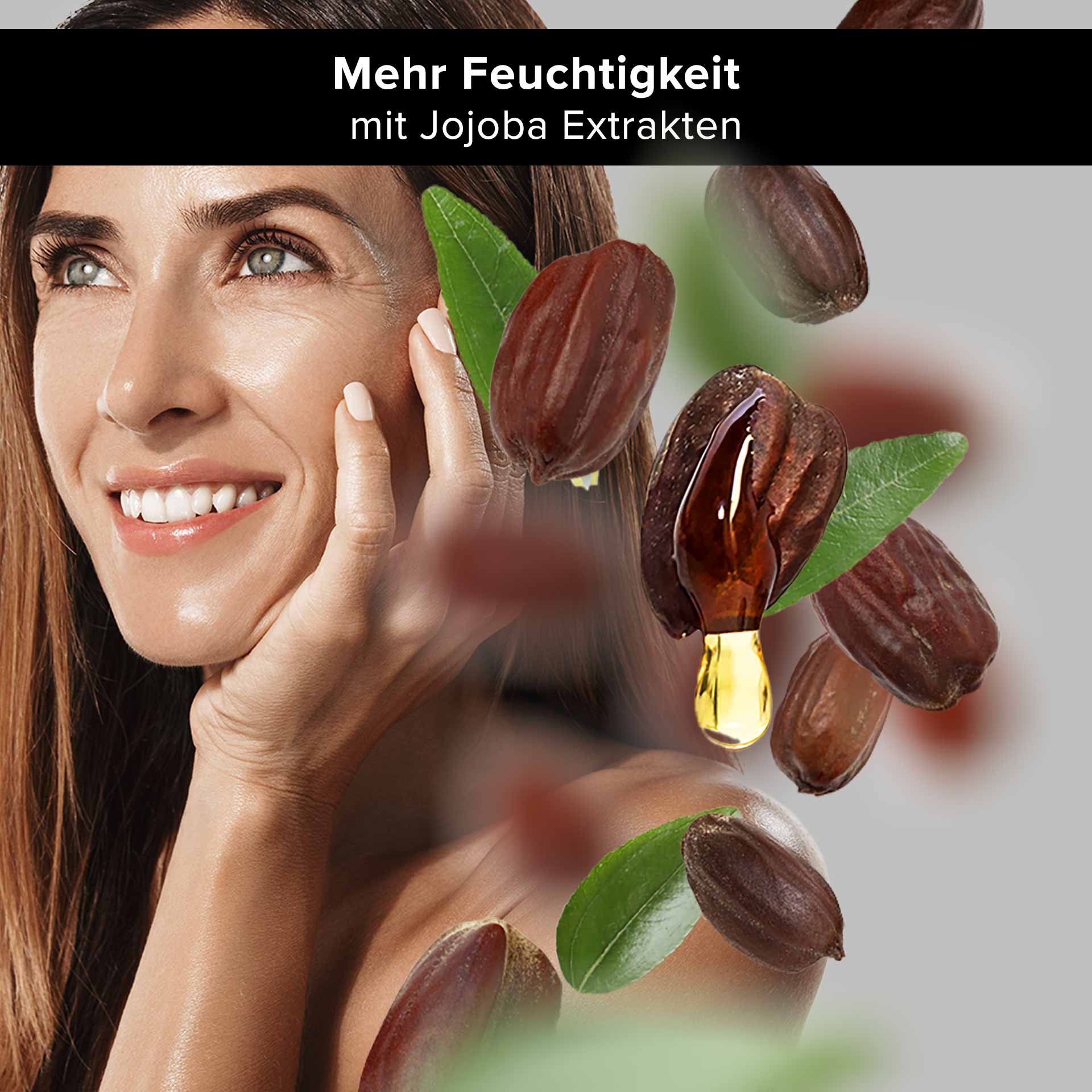 Woman with a radiant smile applying jojoba extracts to provide moisture, surrounded by jojoba seeds and leaves.