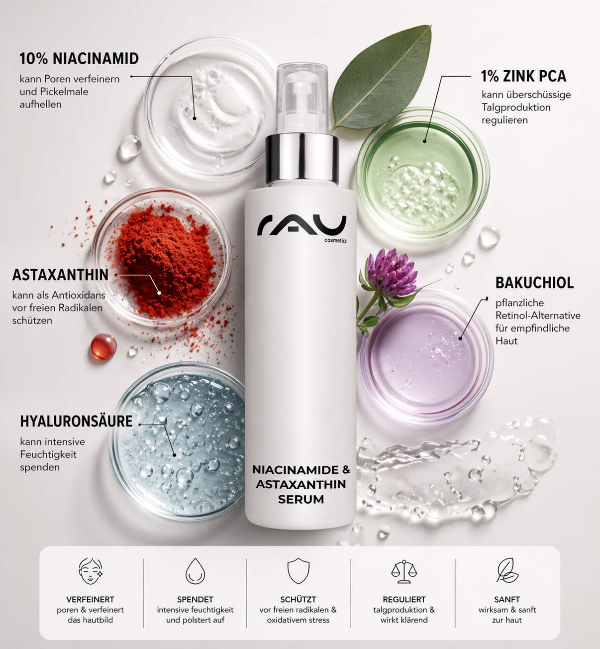 Active ingredient power: Niacinamide, astaxanthin, and hyaluronic acid for a radiant complexion.