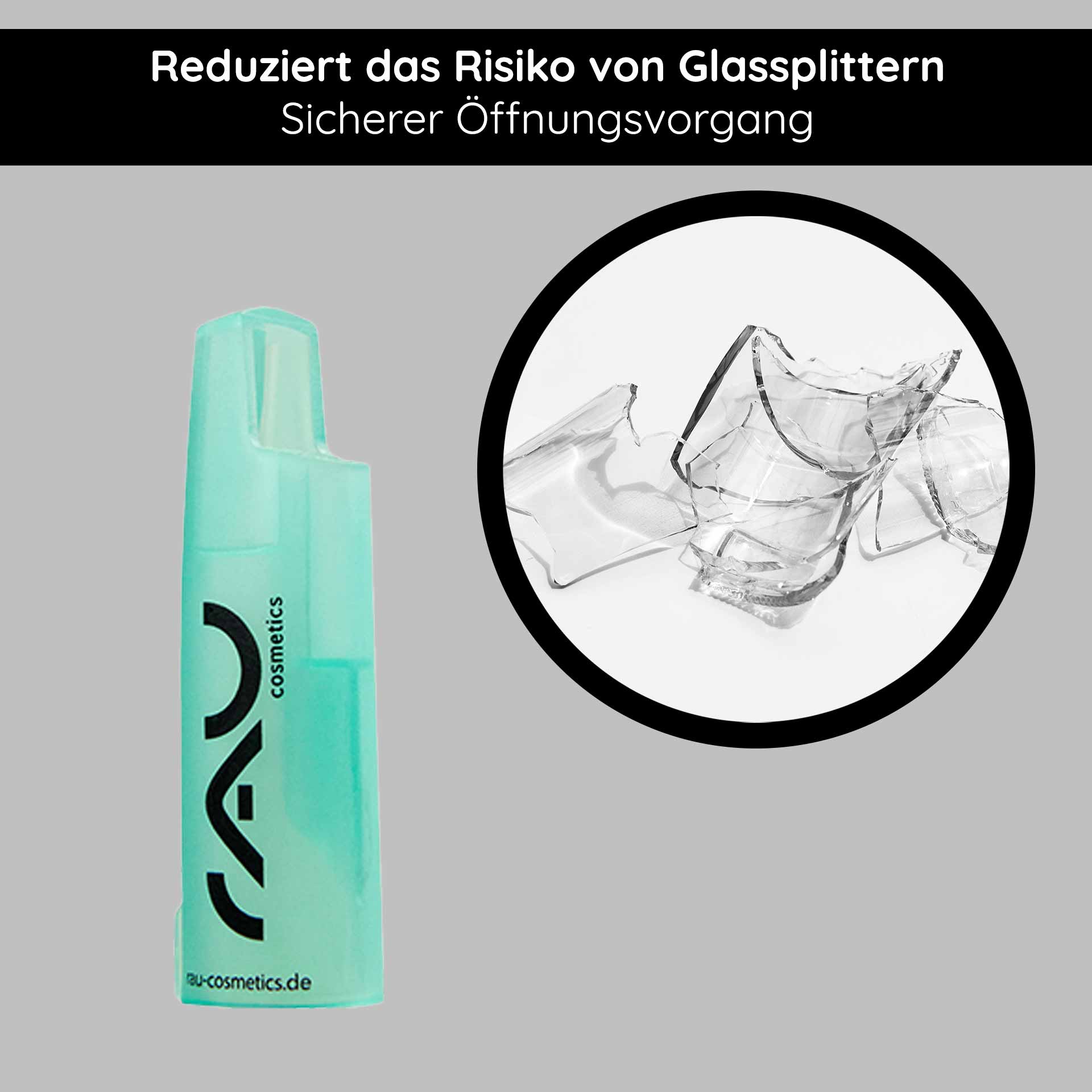 Ampullenöffner von RAU Cosmetics zur sicheren Öffnung von Gesichtsampullen, mit Hinweis auf vermindertes Risiko von Glassplittern.