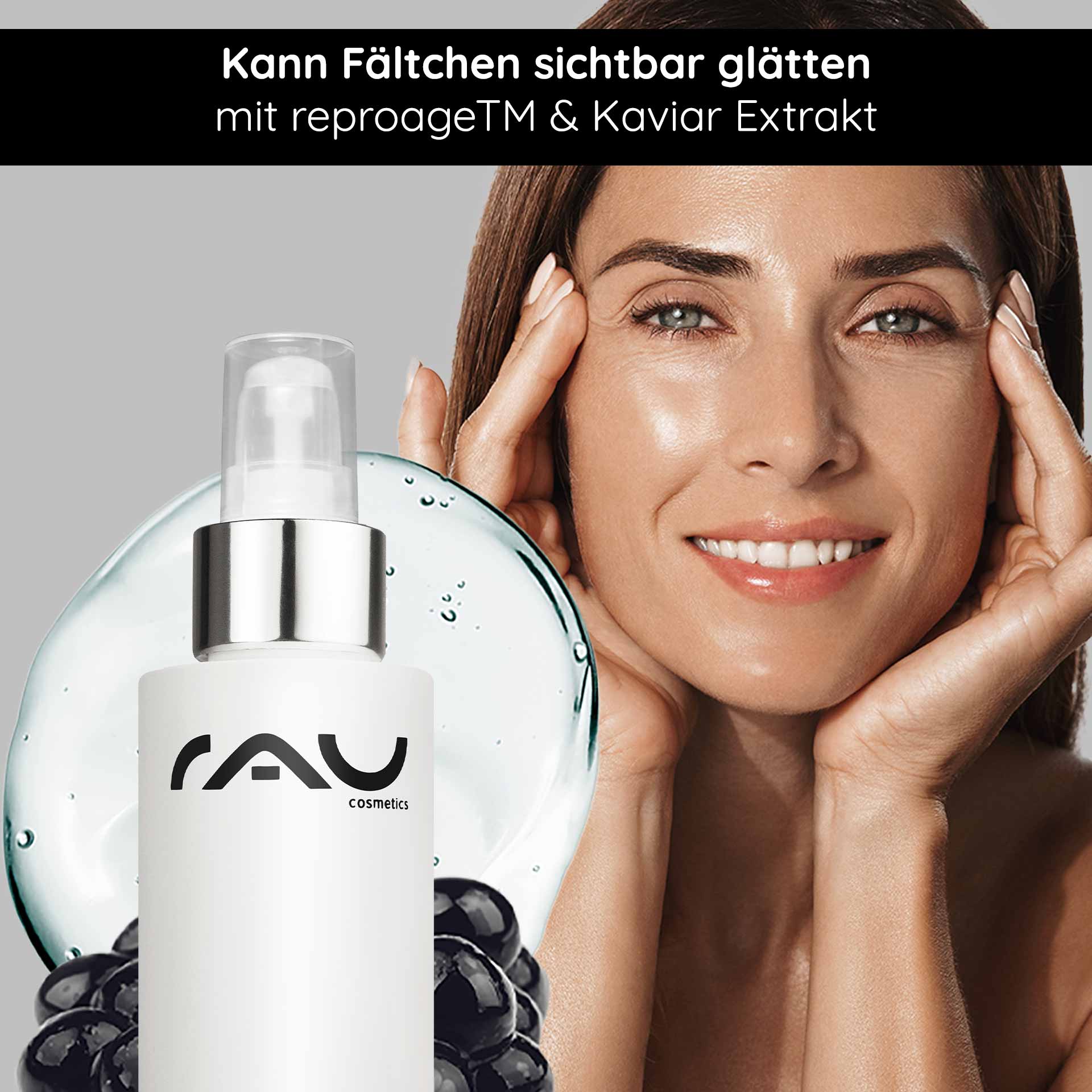 Caviar Lifting Serum 100 ml with Reproage & Caviar Extract Frau mit strahlendem Gesicht, die das RAU Cosmetics Caviar Lifting Serum anwendet, um Fältchen sichtbar zu glätten; enthält Reproage™ und Kaviar-Extrakt.