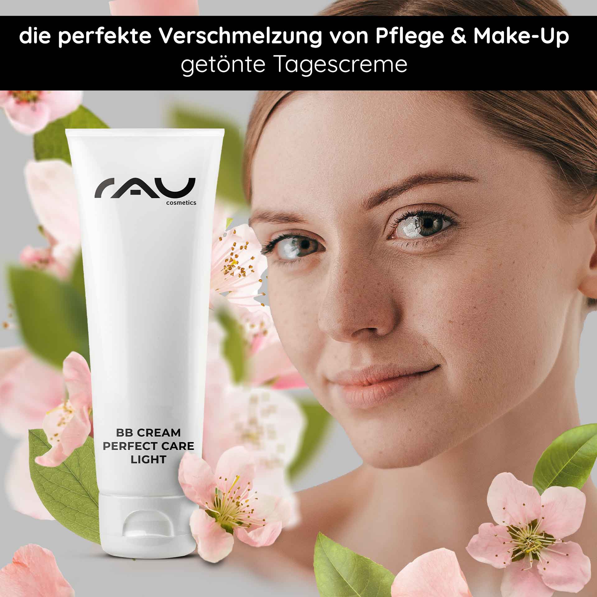 BB Cream Perfect Care Light 75 ml SPF12 Make-up & Care RAU Cosmetics BB Cream Perfect Care Light-Tube mit floralem Hintergrund, die die Fusion von Hautpflege und Make-up für einen strahlenden Teint präsentiert.