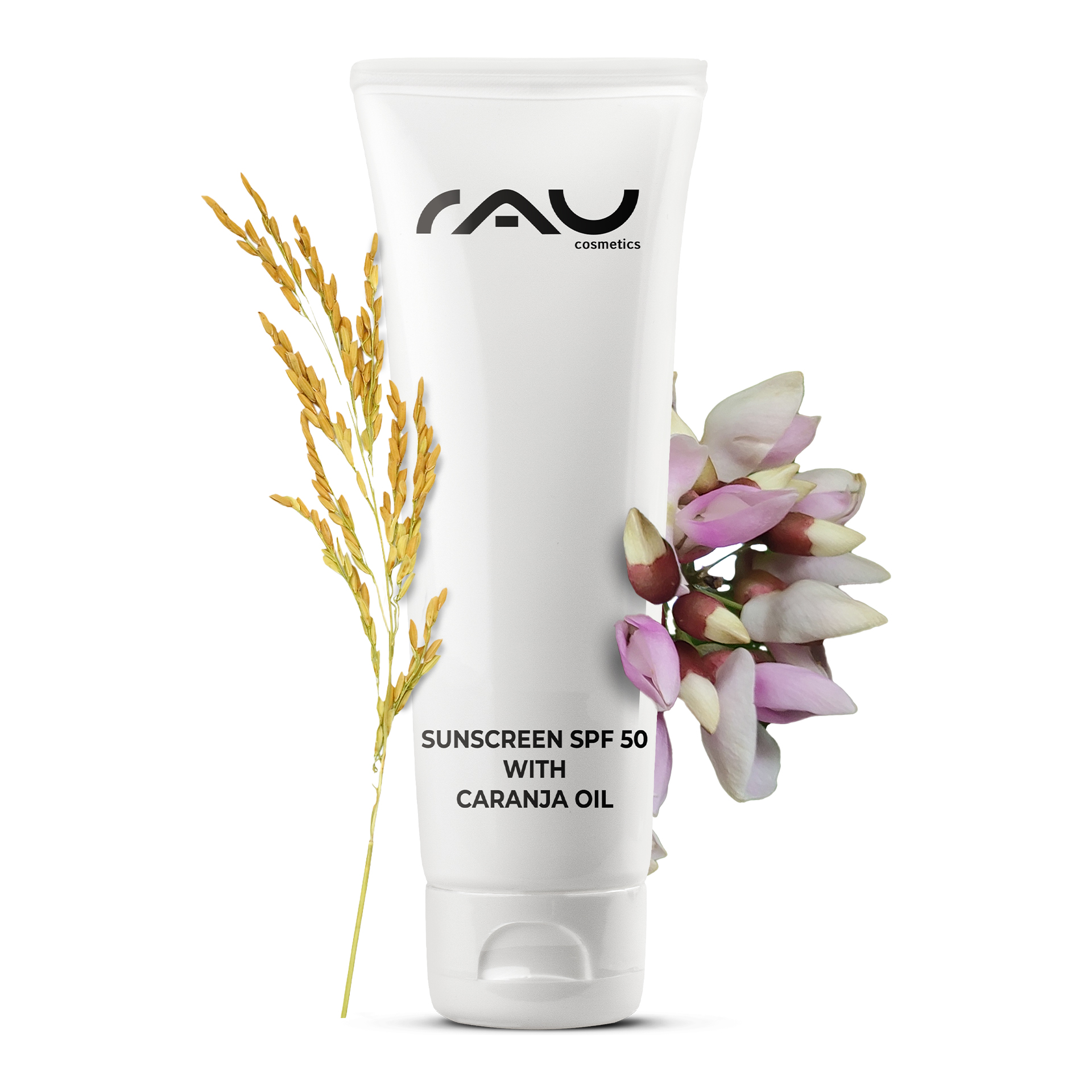 Sunscreen SPF 50 with Organic Karanja Oil 75 ml - Sunscreen Sonnenschutzmittel LSF 50 mit Caranja-Öl in einer weißen Tube, umgeben von botanischen Elementen und mit dem RAU Cosmetics-Branding.
