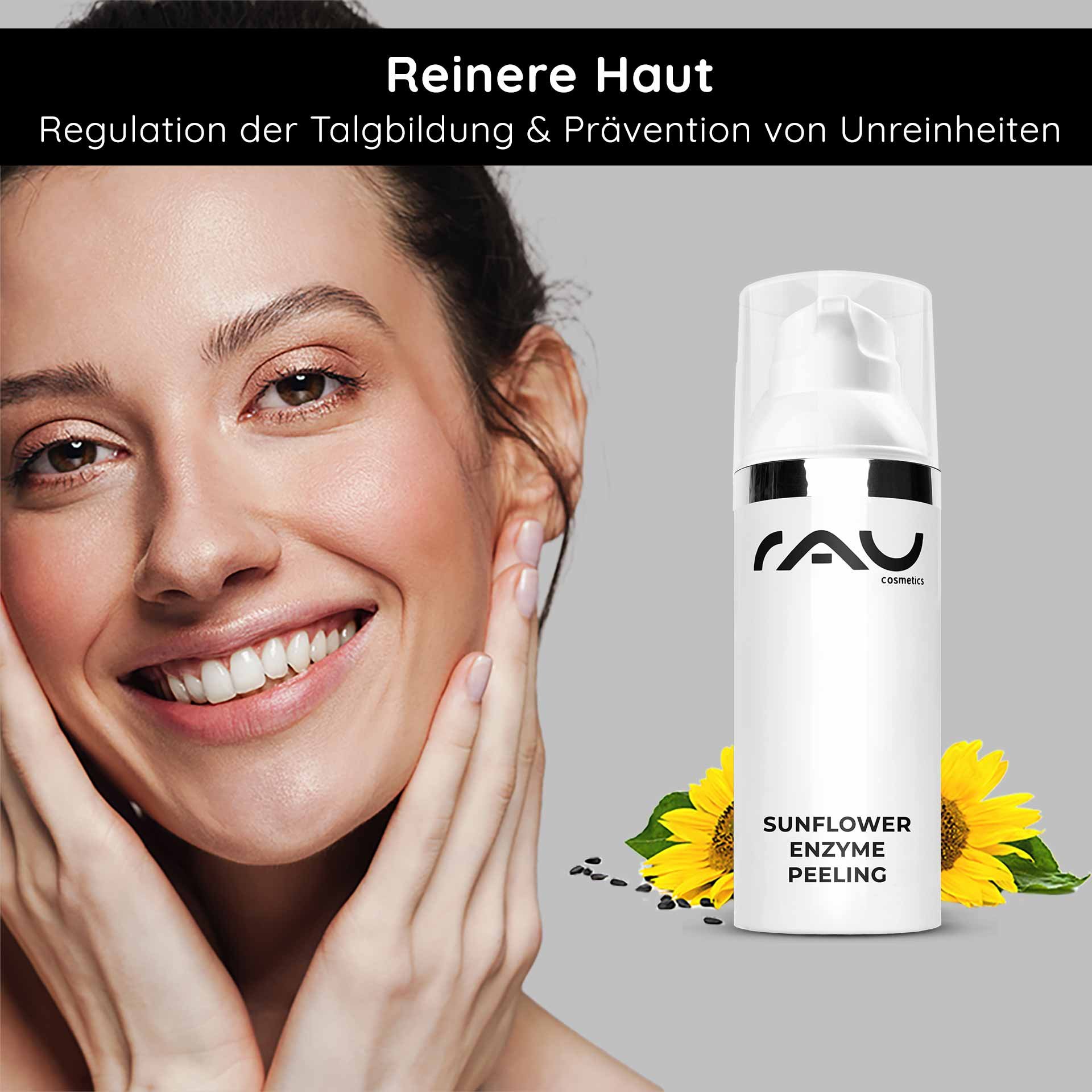 Woman with a radiant complexion and smiling face gently holding her face next to the RAU Cosmetics Sunflower Enzyme Peeling, advertised for purer skin and sebum regulation.