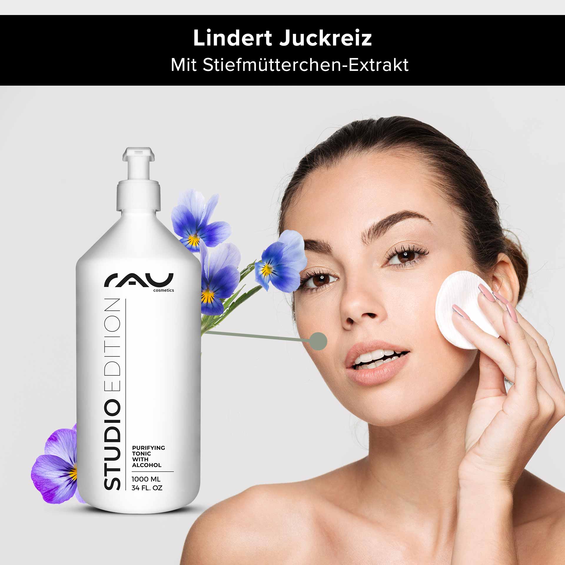 Purifying Tonic with alcohol 1000 ml against impure skin Reinigendes Tonikum mit Alkohol in einer 1000-ml-Flasche, Modell trägt Tonikum auf das Gesicht auf, mit Veilchen, beruhigende Eigenschaften für juckende Haut.