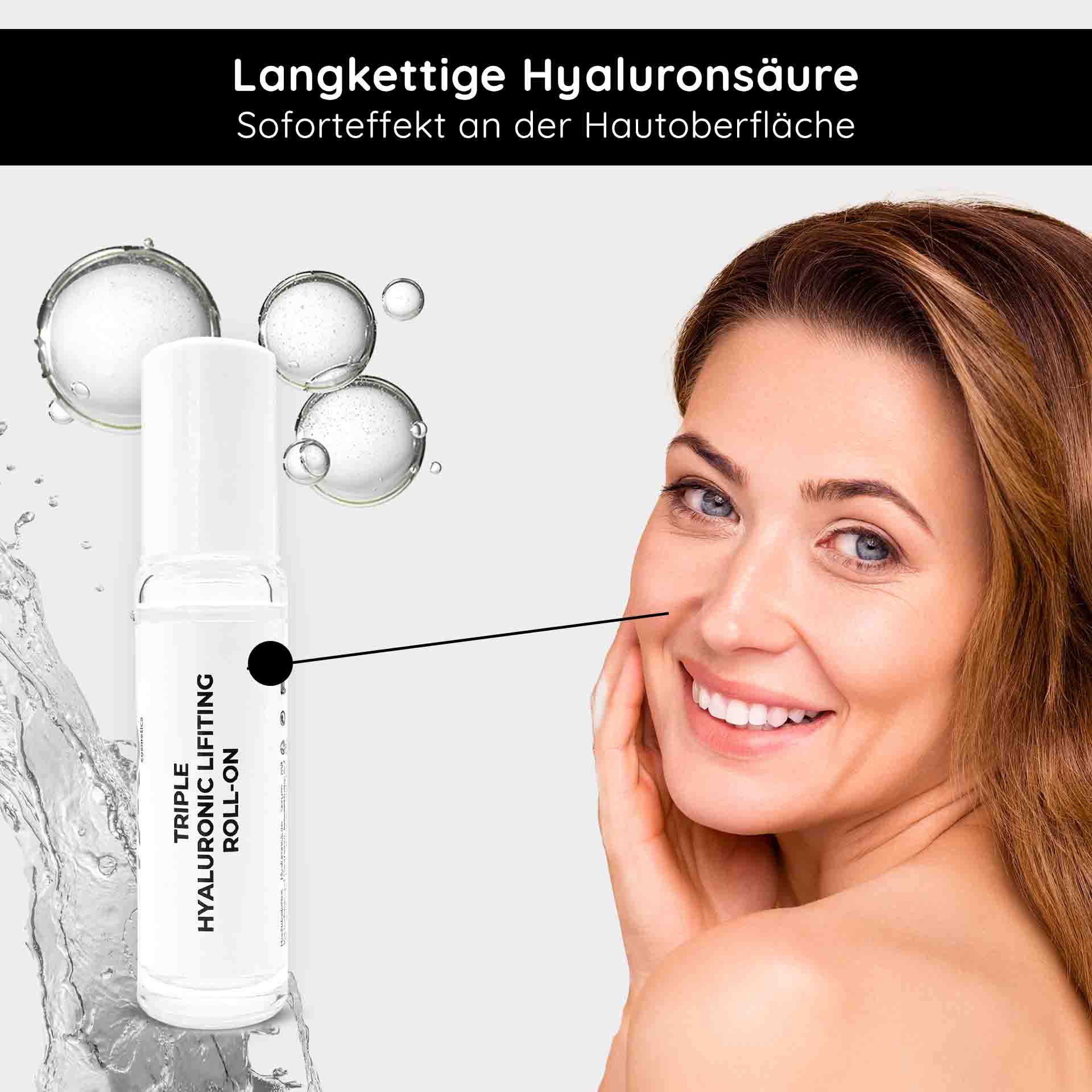 Triple Hyaluronic Serum Roll-On 10 ml with triple hyaluronic acids Triple Hyaluronic Lifting Roll-On 10 ml mit Hyaluronsäure und feuchtigkeitsspendender Wirkung, lächelnde Frau, die ihr Gesicht berührt und so die Anti-Aging-Wirkung der Hautpflege fördert.