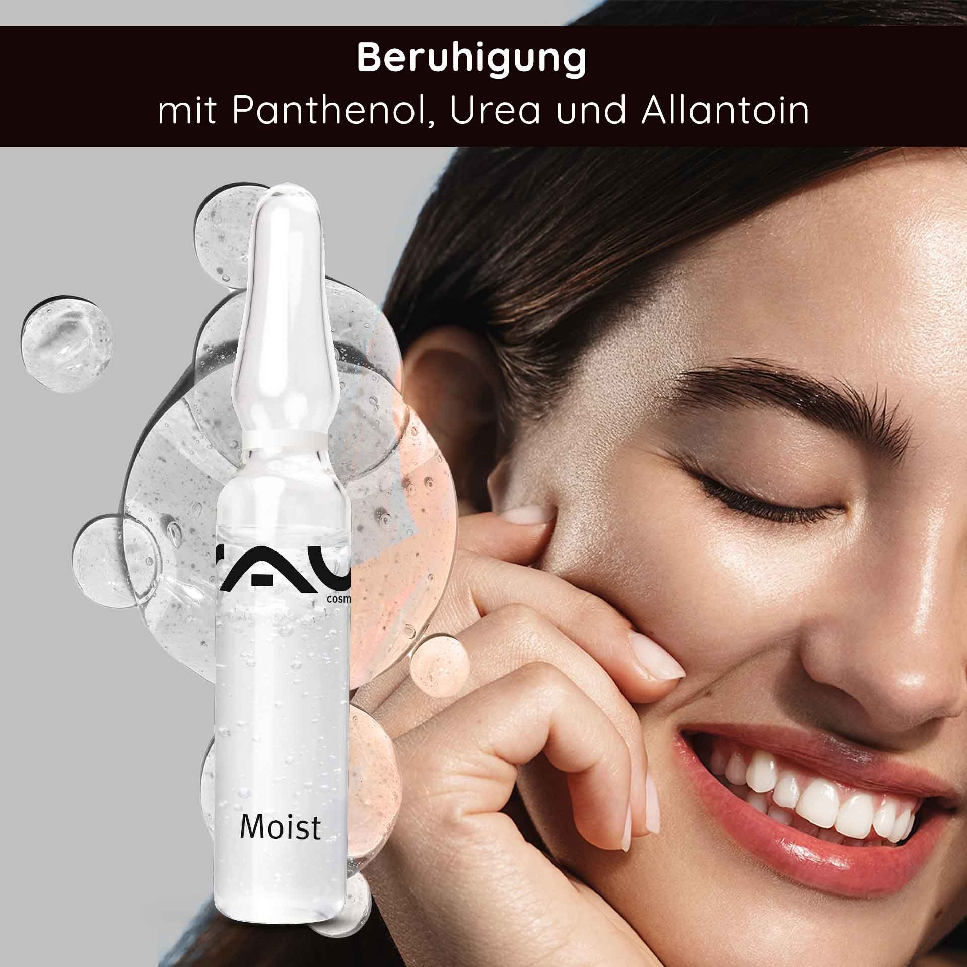 RAU Cosmetics Moist Ampullen – Feuchtigkeitsserum in Glasampullen, verpackt in einer Box mit Applikator, ideal für trockene und reife Haut.