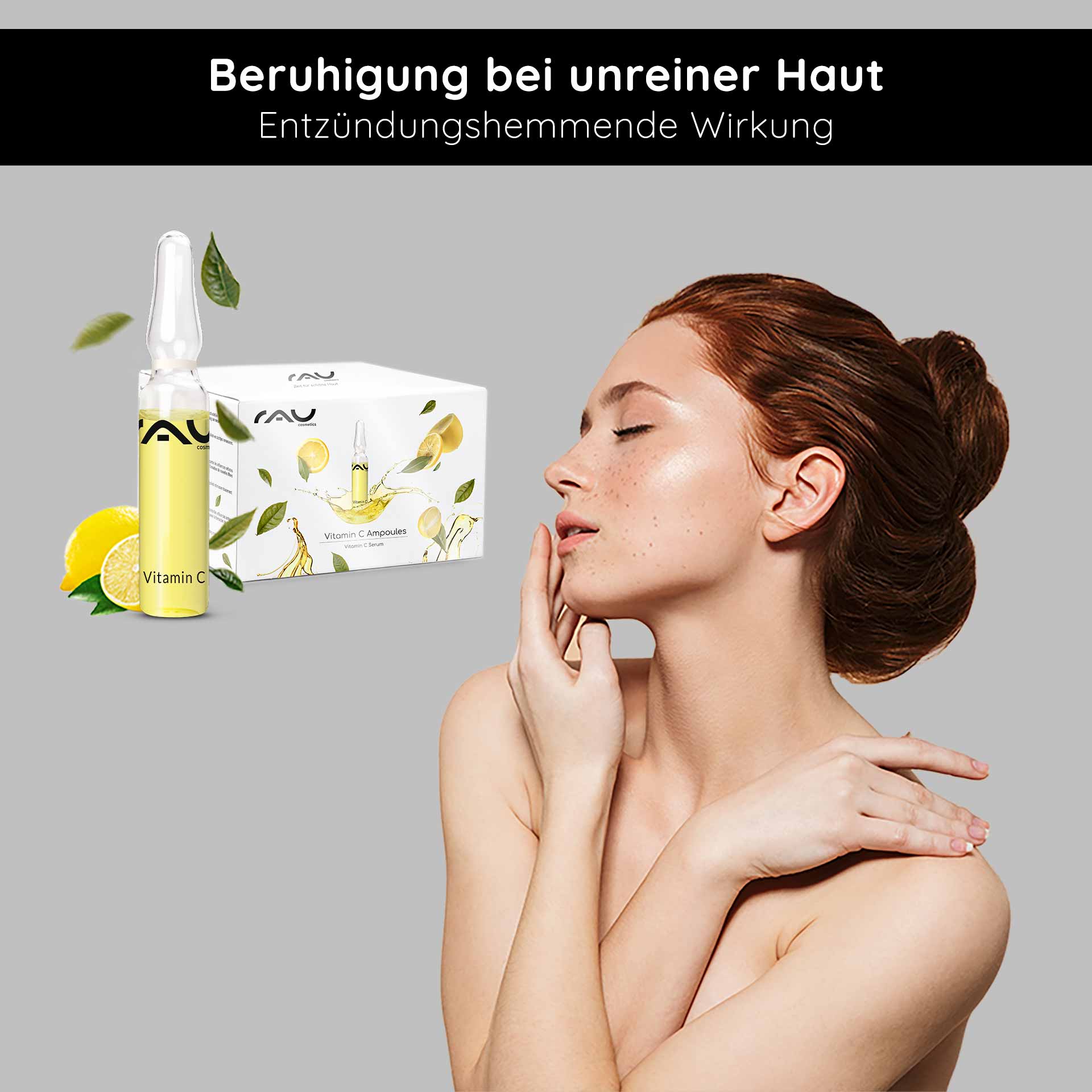 Vitamin C Ampoules 14x2 ml for mature & blemished skin Vitamin C Ampulle von RAU Cosmetics mit Zitronen- und Bananenelementen, Modell zur Präsentation der Hautpflegevorteile bei unreiner Haut, beruhigende und entzündungshemmende Wirkung.
