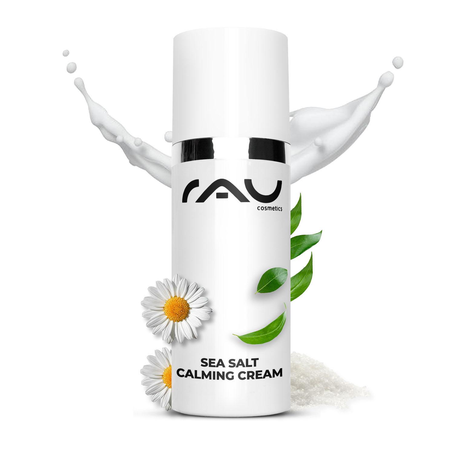 Sea Salt Calming Cream 50 ml Face Cream with Sea Salt Flasche der RAU Sea Salt Calming Cream mit Kamillenblüten, Meersalz und grünen Blättern, die die beruhigenden und feuchtigkeitsspendenden Eigenschaften für empfindliche Haut betont.
