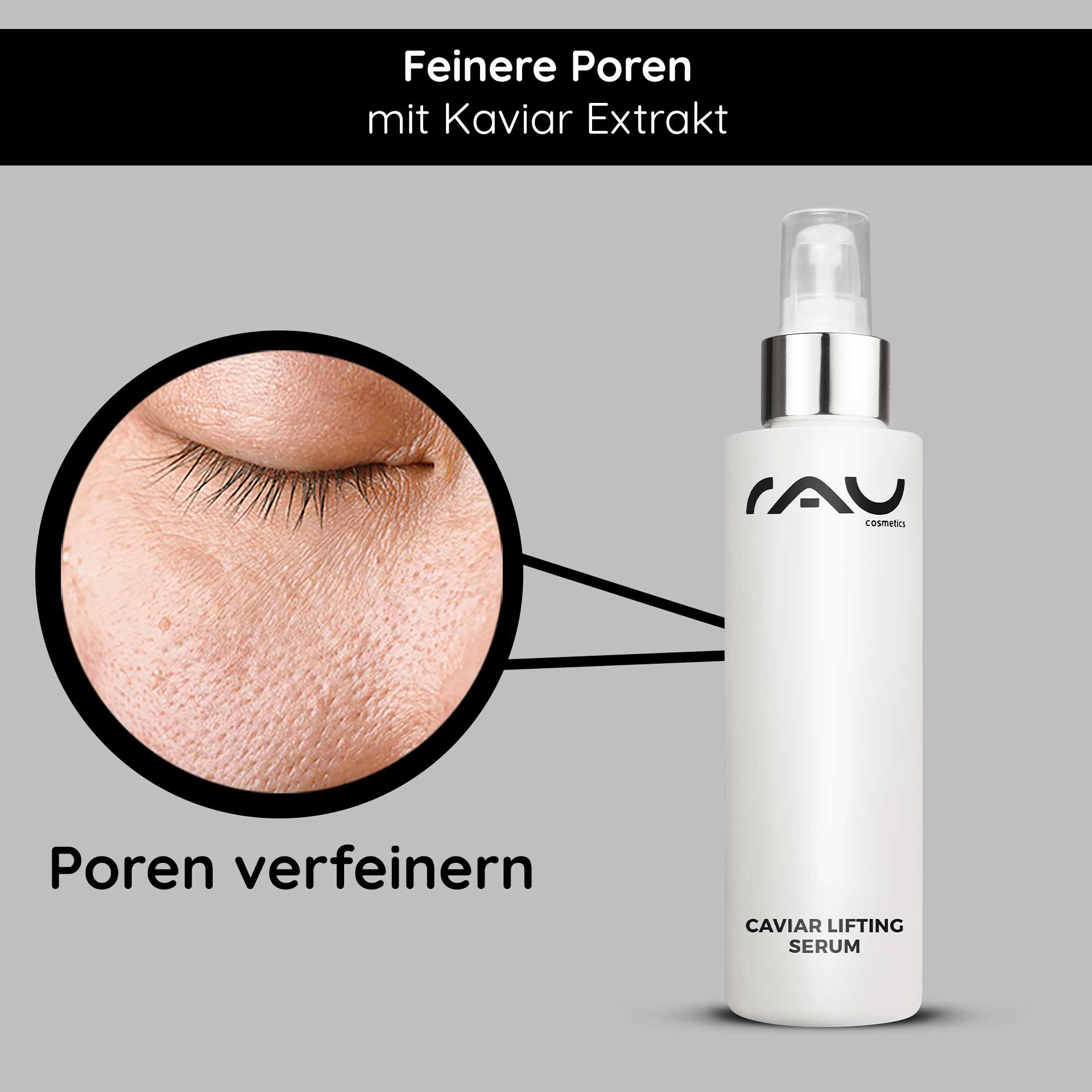 Caviar Lifting Serum 100 ml with Reproage & Caviar Extract Caviar Lifting Serum von RAU Cosmetics mit Fokus auf feine Poren und Kaviarextrakt, mit Schwerpunkt auf Anti-Aging-Vorteilen.