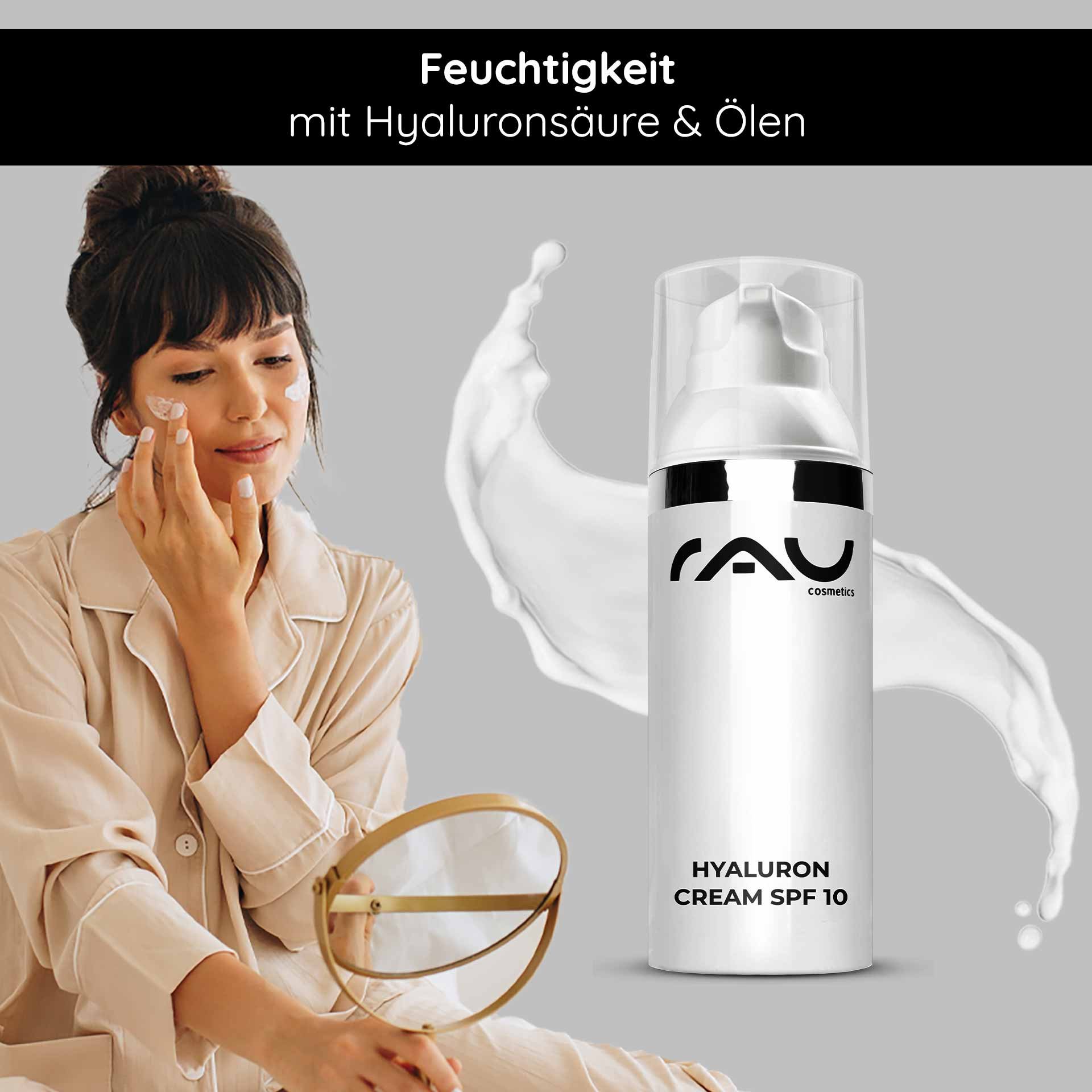 Moisture care with hyaluronic acid: Close-up of a woman using RAU Cosmetics facial cream for a hydrated skin appearance.
