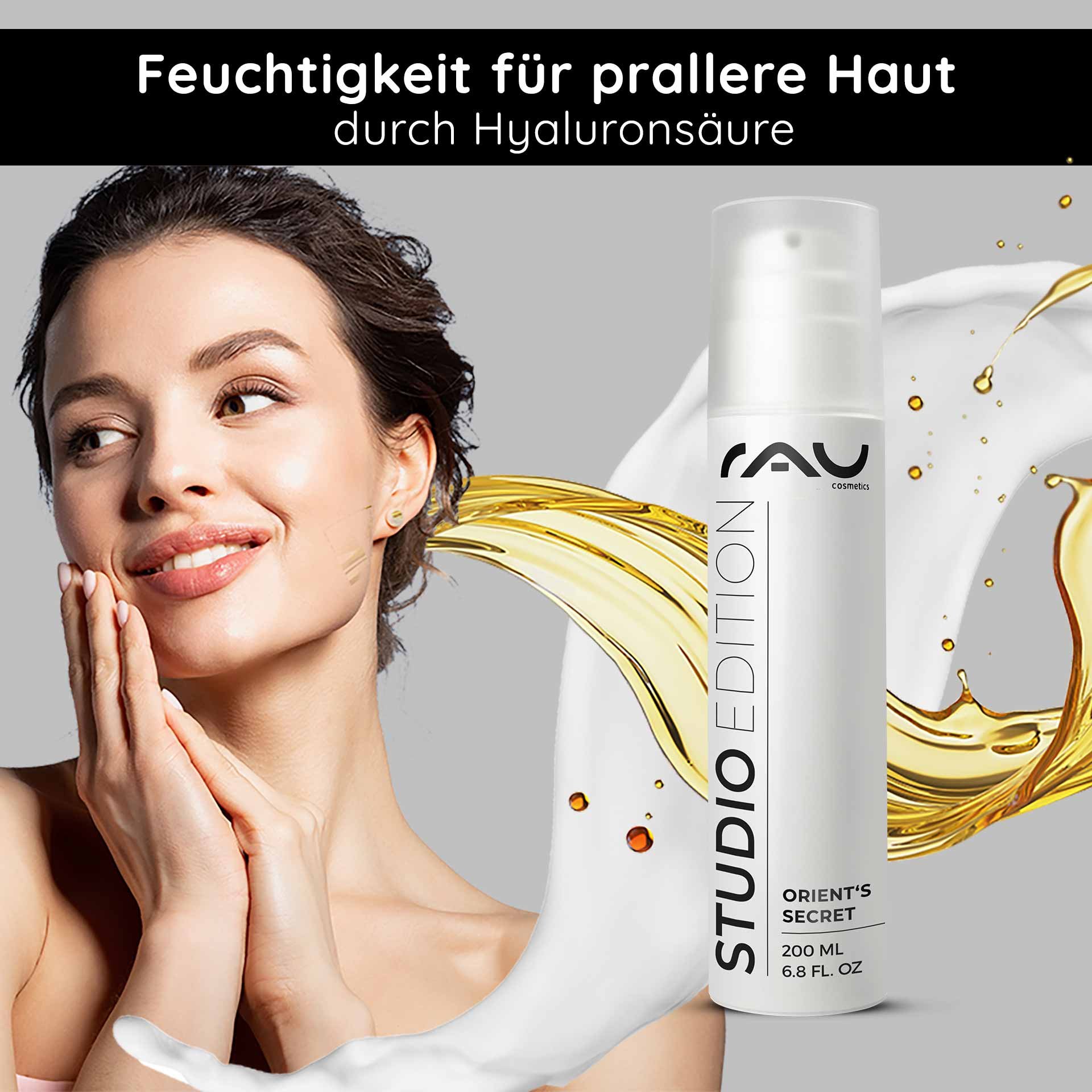 RAU Cosmetics Orient's Secret face cream with hyaluronic acid, sculpting cream for application, with golden liquid splash, 200 ml packaging.