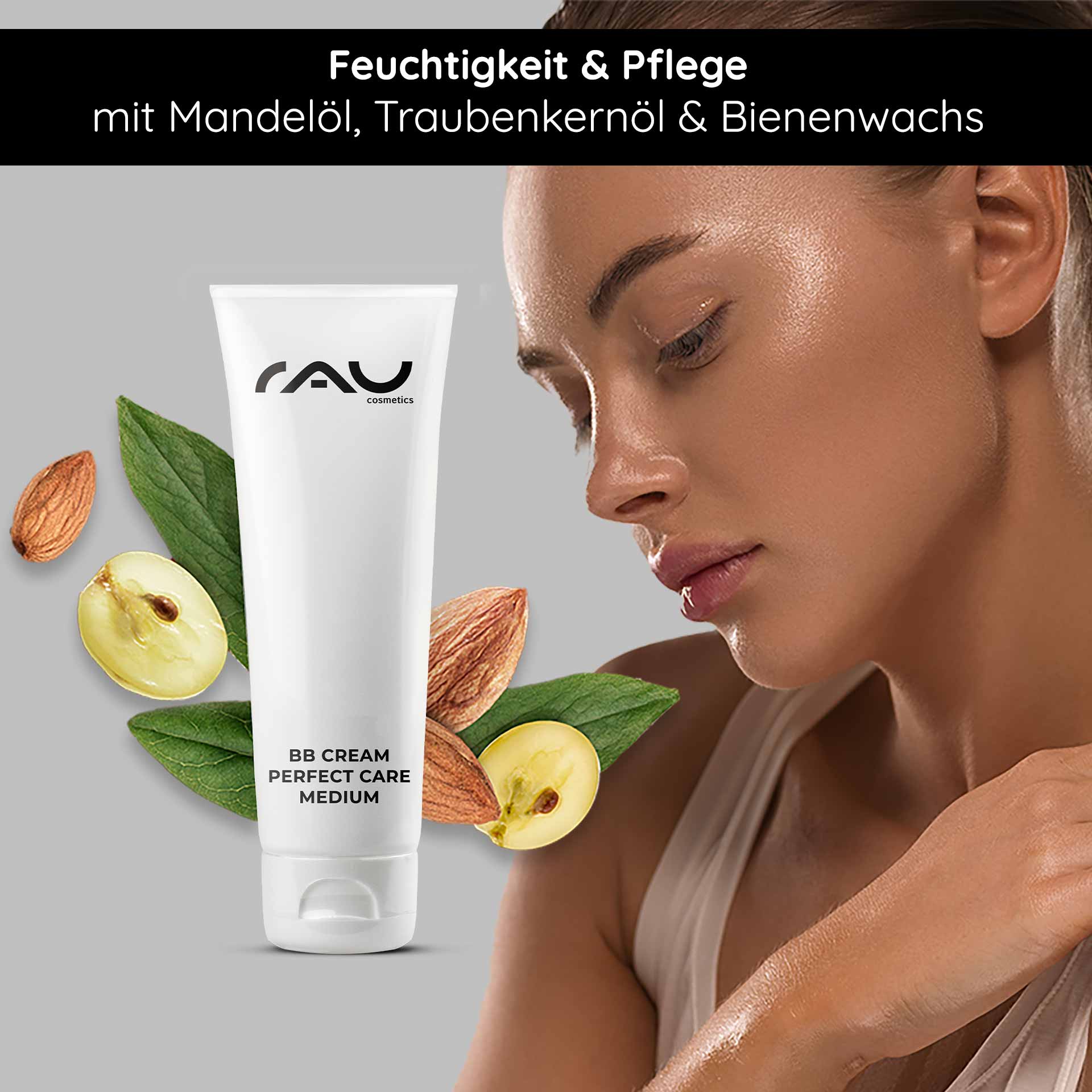 BB Cream Perfect Care Medium 75 ml SPF 12 Make-up & Care RAU Cosmetics BB Cream Perfect Care Mittlere Tube mit Mandeln und Blättern, mit besonderer Betonung der feuchtigkeitsspendenden und hautpflegenden Wirkung.