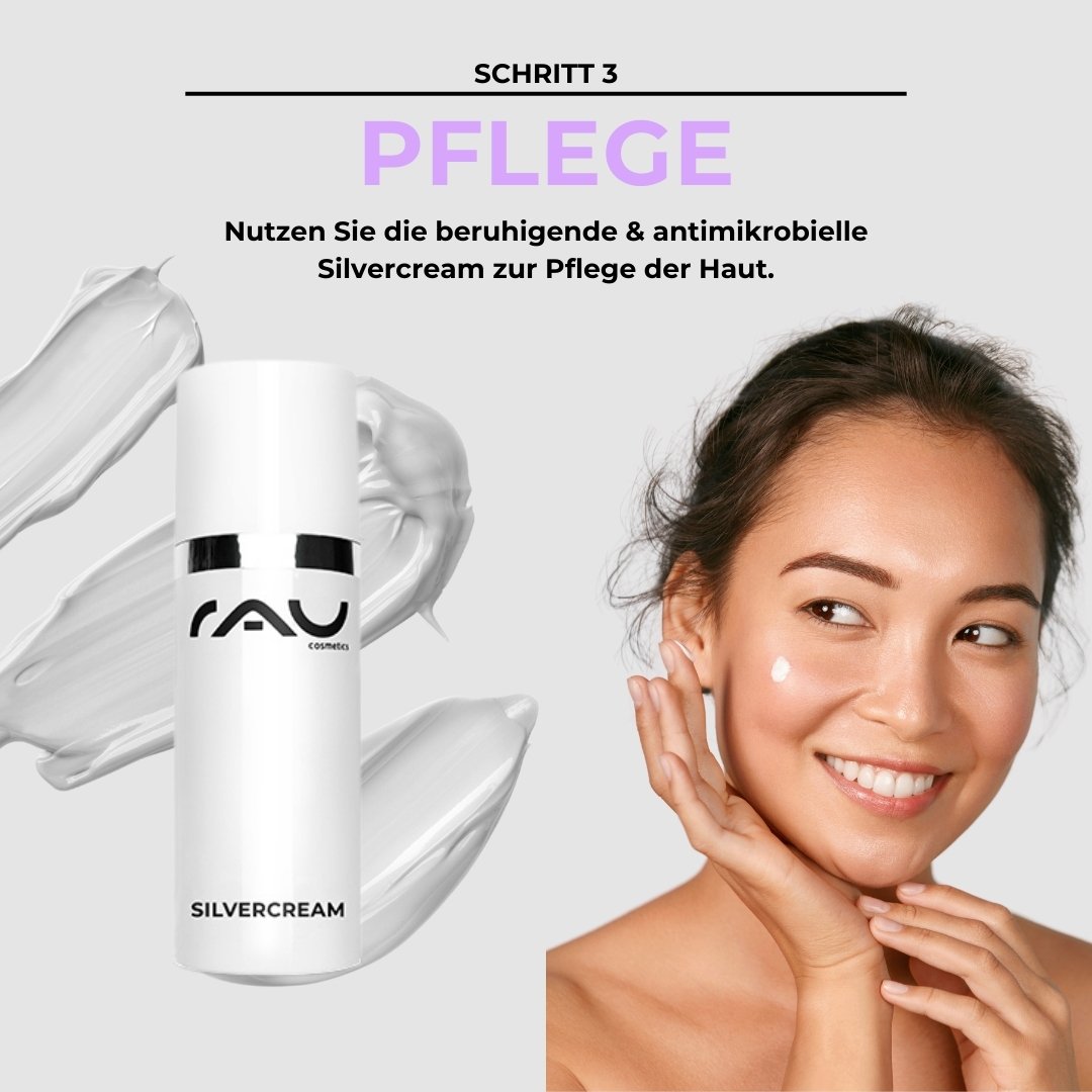 RAU Cosmetics Silver Cream for skincare, with a smiling woman applying cream to her face, featuring soothing and antimicrobial properties, especially for treating neurodermatitis.