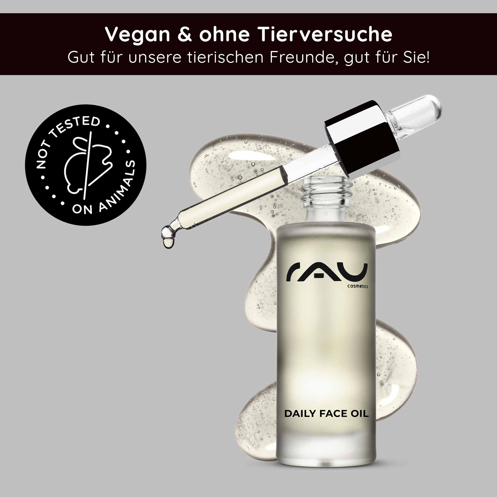 Daily Face Oil 30 ml Nourishing face oil for the night with lavender Flasche RAU Daily Face Oil mit Pipette und transparentem Öl, vegan und ohne Tierversuche, auf grauem Hintergrund.