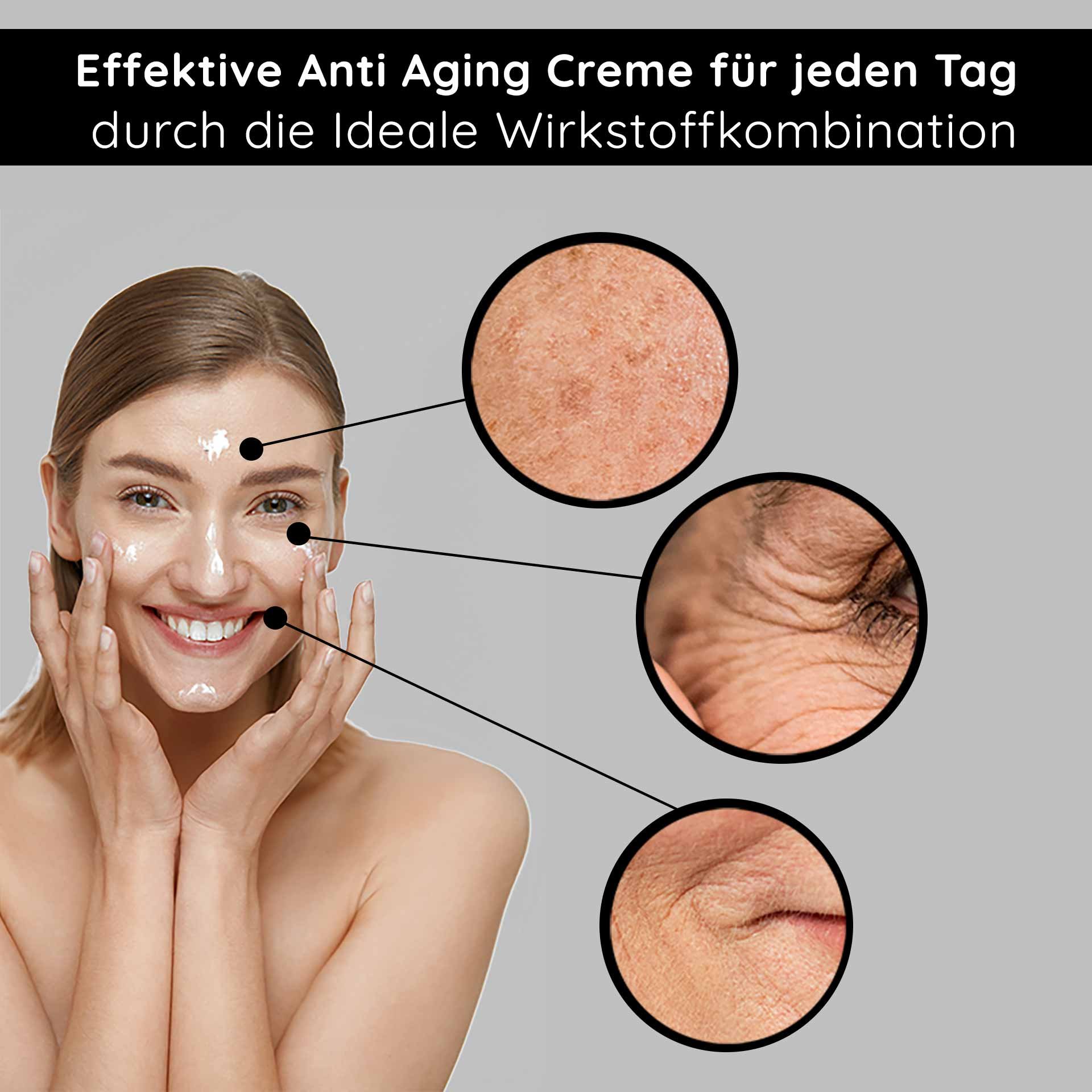 Daily care: A smiling woman demonstrates the application of White Tea Cream to mitigate wrinkles and dryness.
