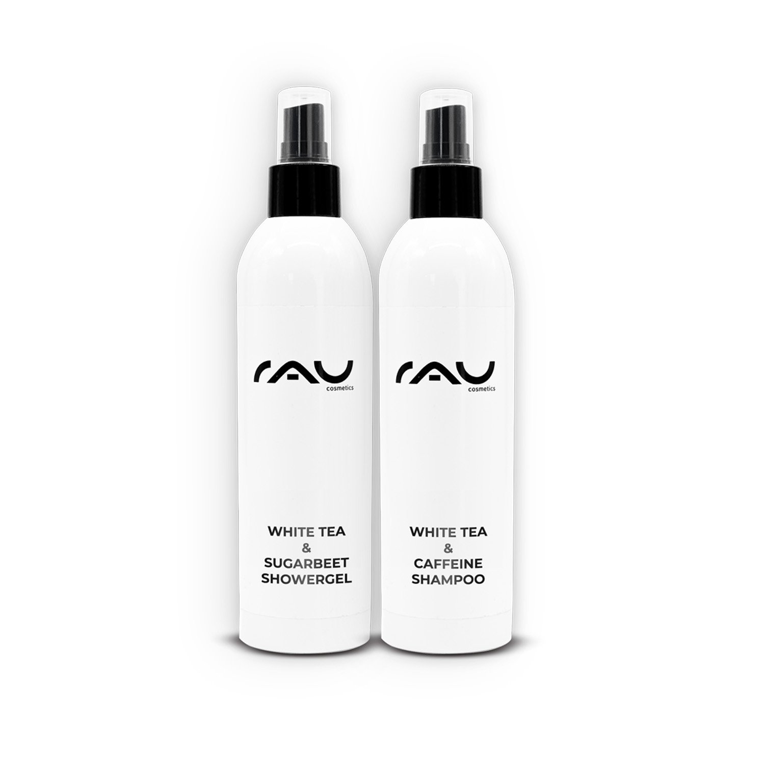 White Tea & Sugar Beet Shower Gel and White Tea & Caffeine Shampoo by RAU Cosmetics providing gentle cleansing and revitalizing care for skin and hair.