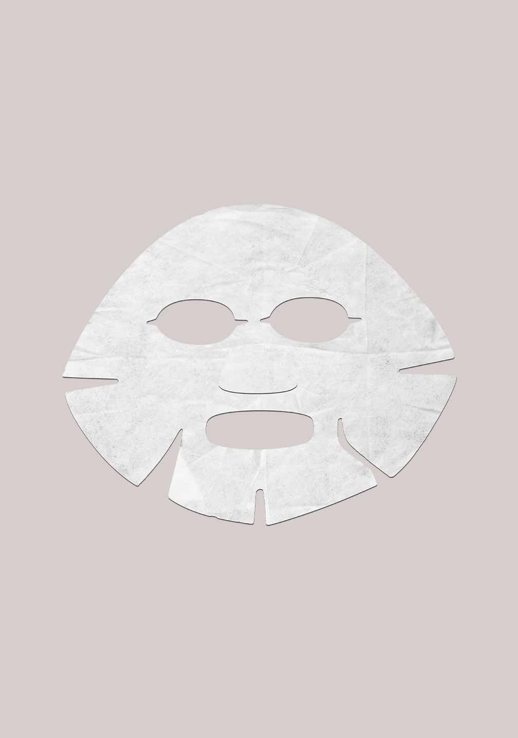 Weißer Hautpflege-Gesichtsmasken-Cut-Out mit Augen- und Mundausschnitten für RAU Cosmetics.