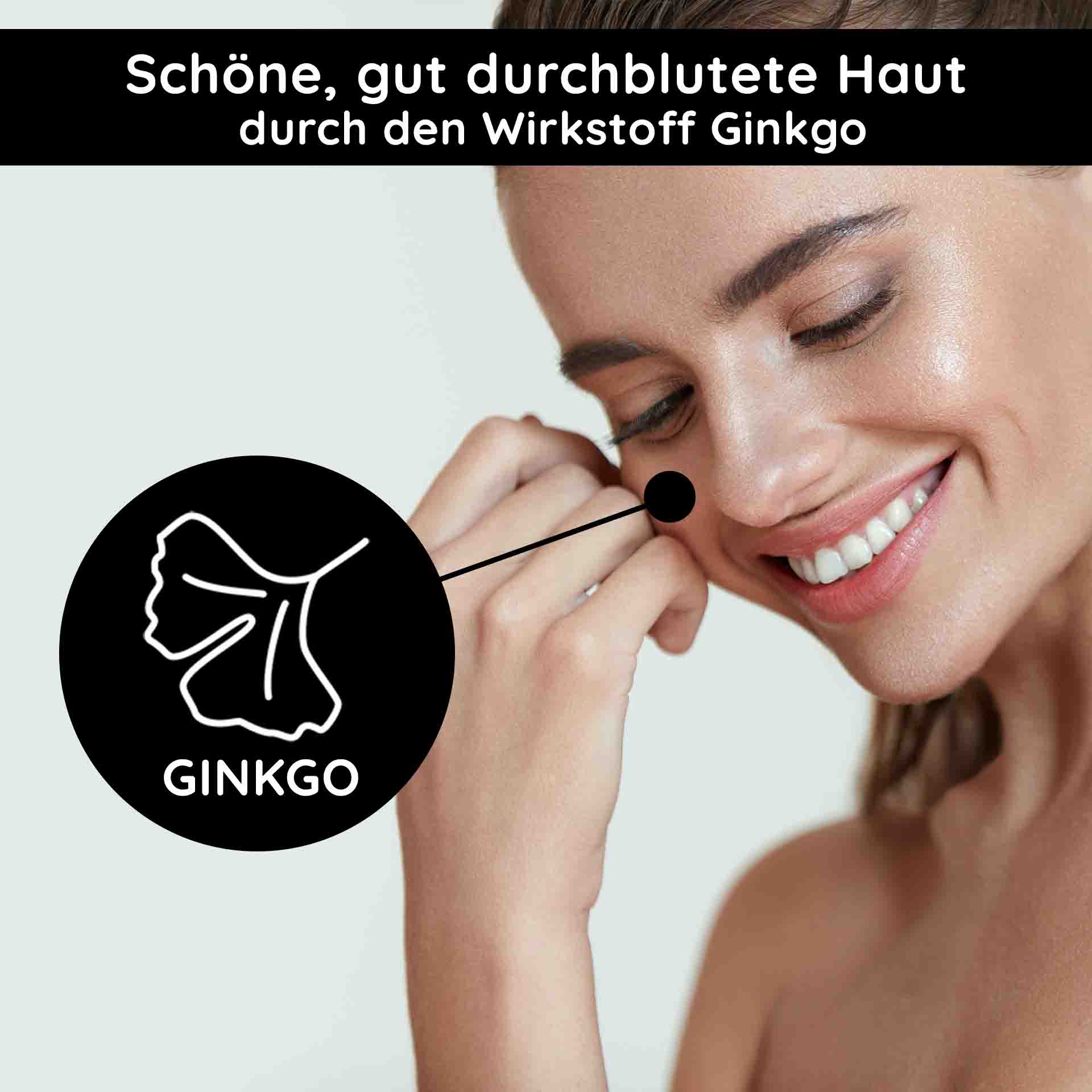 O2 Moist Fluid 50 ml day cream for a dull complexion Frau mit strahlendem Teint, die Ginkgo-Extrakt auf die Haut aufträgt, betont durch Text "Schöne, gut durchblutete Haut durch den Wirkstoff Ginkgo".