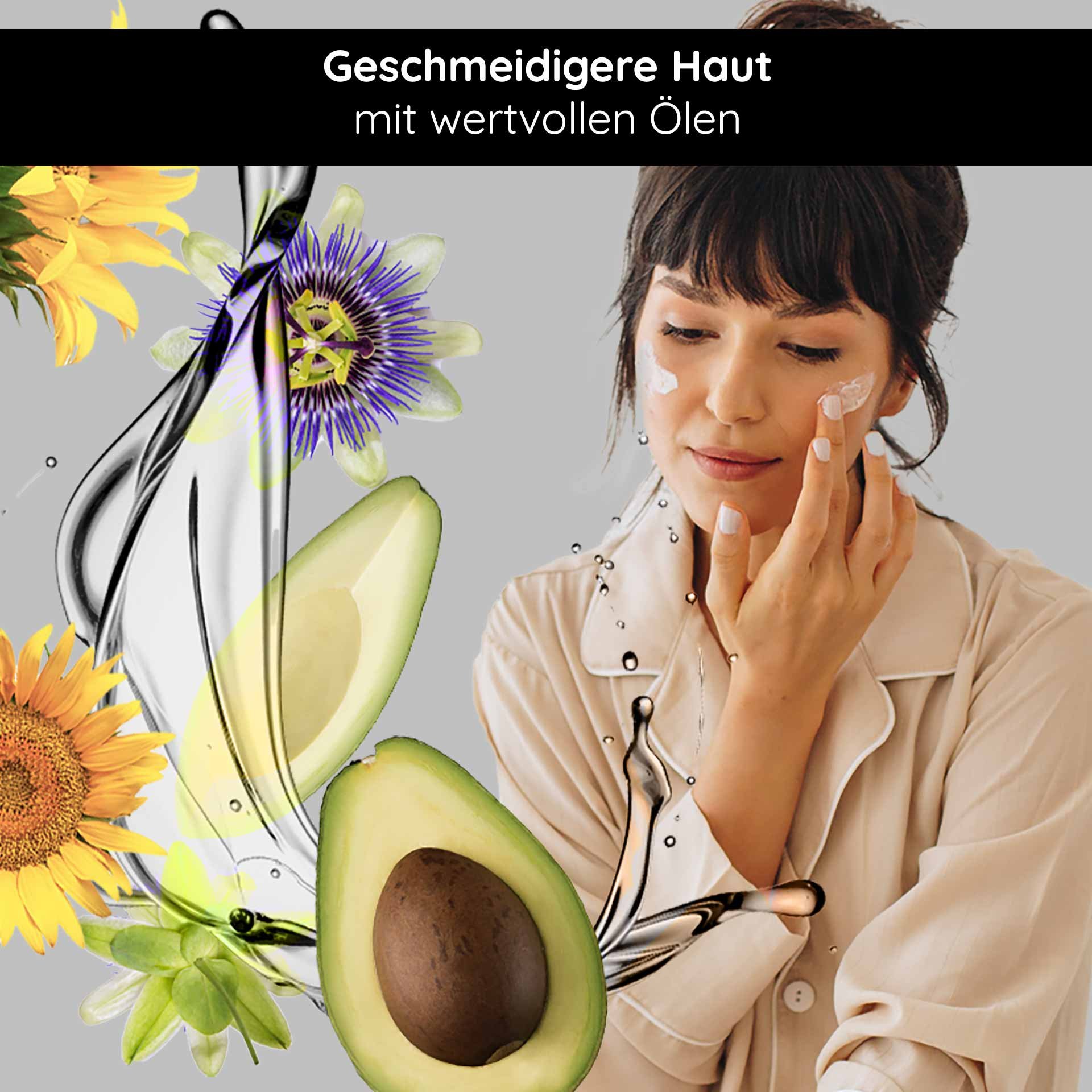 Frau mit Gesichtscreme und Avocado, umgeben von blühenden Pflanzen und Ölen, betont Hautpflege und Feuchtigkeit.
