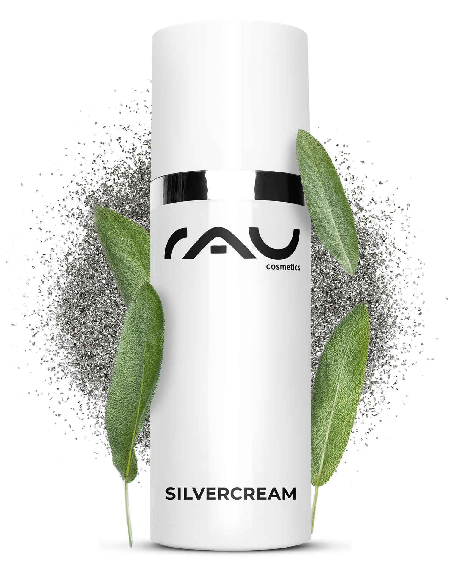 Silvercream 50 ml Cream Against Pimples with Impurities for Men And Women RAU Silvercream-Verpackung mit Logo, Silberpartikeln und grΓΌnen BlΓ€ttern, entwickelt fΓΌr zu Akne neigende und empfindliche Haut, wobei die beruhigenden und entzΓΌndungshemmenden Eigenschaften hervorgehoben werden.
