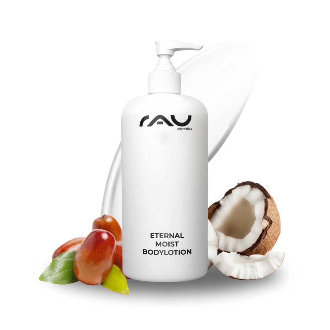 RAU Eternal Moist Body Lotion 500 ml bottle with logo, surrounded by coconut and jojoba nuts, emphasizing intensive hydration for smooth skin.