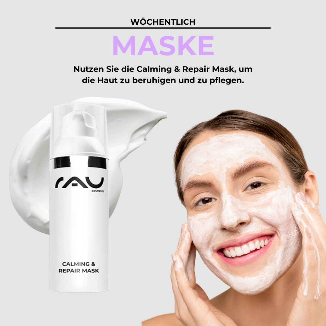 Professional care routine for couperose Frau mit lächelndem Gesicht, die die RAU Cosmetics Calming & Repair Mask aufträgt, um die Haut zu beruhigen und zu pflegen, mit cremiger Maske im Hintergrund.