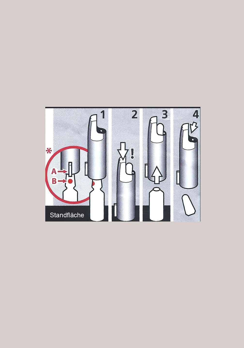 Anleitung zur sicheren Anwendung des RAU Cosmetics Ampullenöffners für 2 ml Glasampullen mit Schritt-für-Schritt-Diagramm.