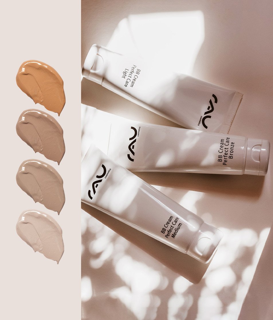BB-Creme-Tuben von RAU Cosmetics in den Farbtönen Hell, Mittel und Bronze mit Farbmustern für jeden Farbton, die die Vorteile für Hautpflege und Make-up hervorheben.