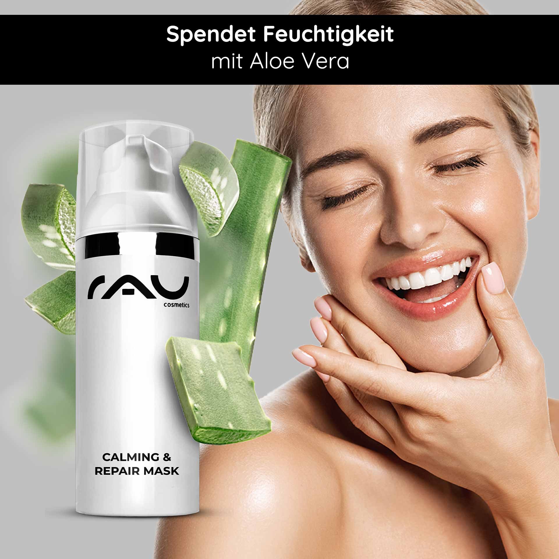 RAU Cosmetics Calming & Repair Mask with aloe vera; smiling woman applying the product, emphasizing the moisturizing and skin-soothing effect.
