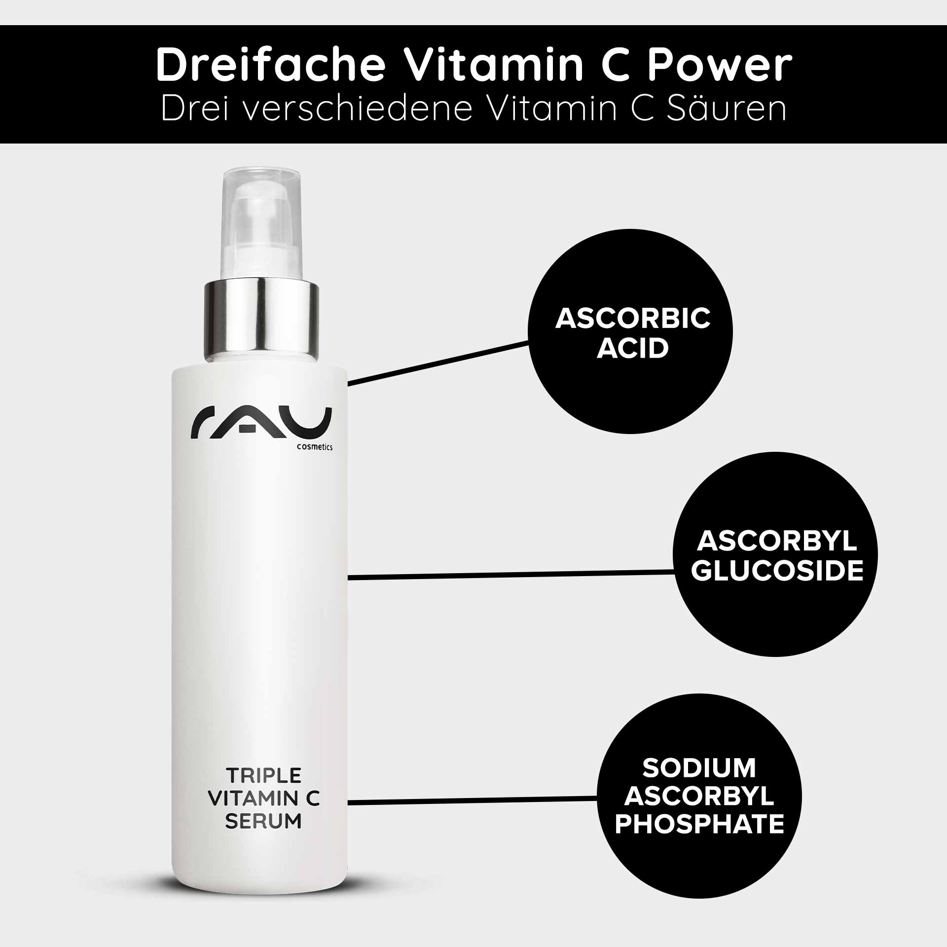 Triple Vitamin C Serum 100 ml with 11% vitamin C acids Flasche mit RAU Cosmetics Triple Vitamin C Serum, beschriftet mit drei verschiedenen Vitamin C Säuren: Ascorbinsäure, Ascorbylglucosid und Natriumascorbylphosphat.