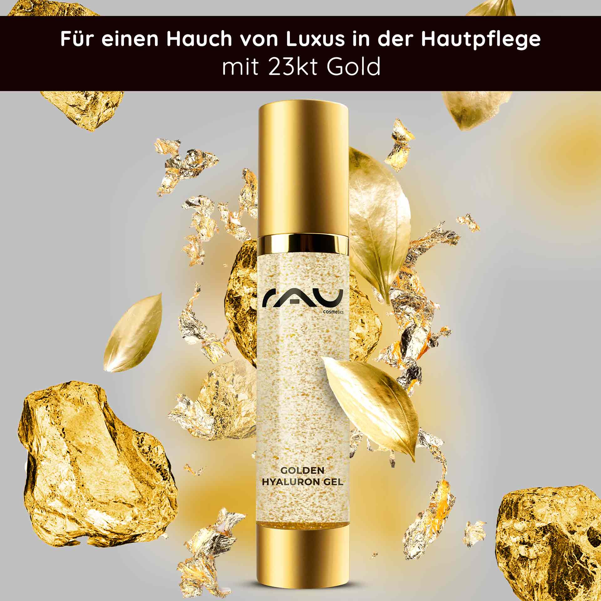 Golden Hyaluron Gel 50 ml Anti-Aging Gel with 23kt Gold RAU Cosmetics Golden Hyaluron Gel mit 23 Karat Gold in luxuriöser Verpackung, umgeben von Goldflocken, die die Anti-Aging-Vorteile der Hautpflege hervorheben.