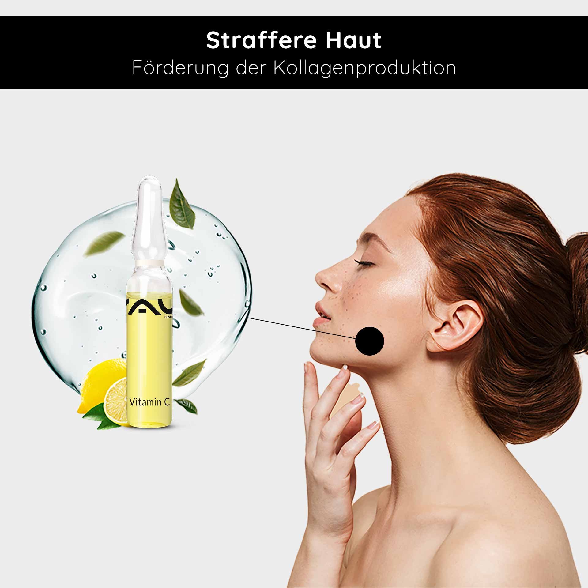 Vitamin C Ampulle von RAU Cosmetics mit Zitrusfrüchten und frischer Haut, fördert Kollagenproduktion und strafft die Haut.