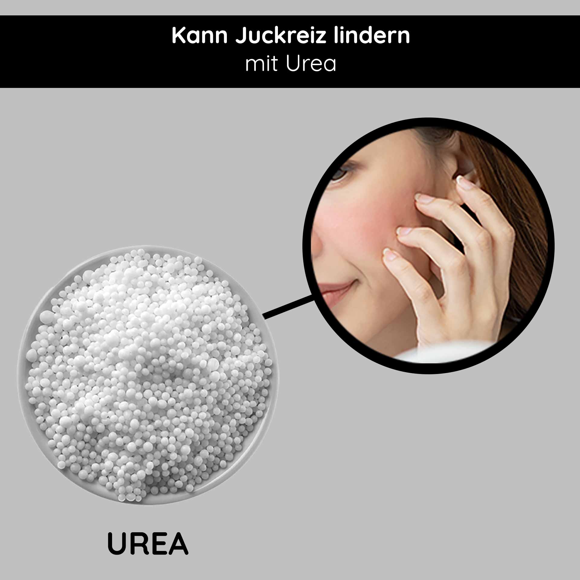 Calming & Repair Mask 200 ml Calming Mask Harnstoff in einer Schüssel mit einer Nahaufnahme einer Frau, die ihn auf ihre Wange aufträgt und seine Vorteile bei der Linderung von Juckreiz und der Verbesserung der Hautfeuchtigkeit hervorhebt.