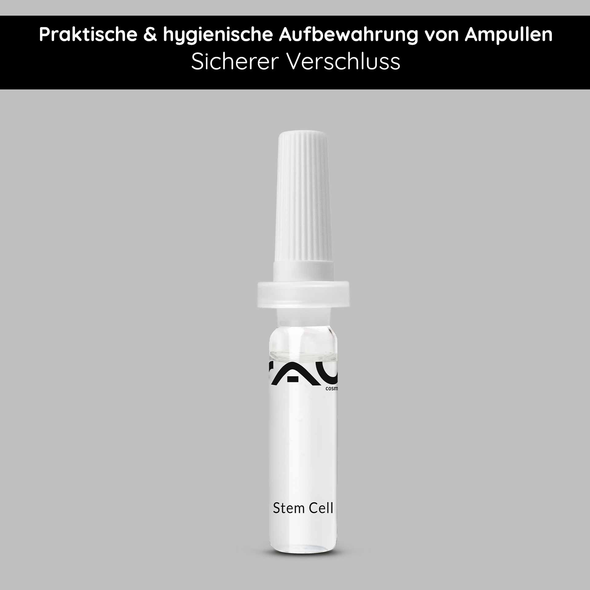 Ampoule Opener & Ampoule Applicator Set Ampullenöffner & Ampullenapplikator Set von RAU Cosmetics, sicherer Verschluss für hygienische Aufbewahrung von Gesichtsampullen, mit Stem Cell-Label.