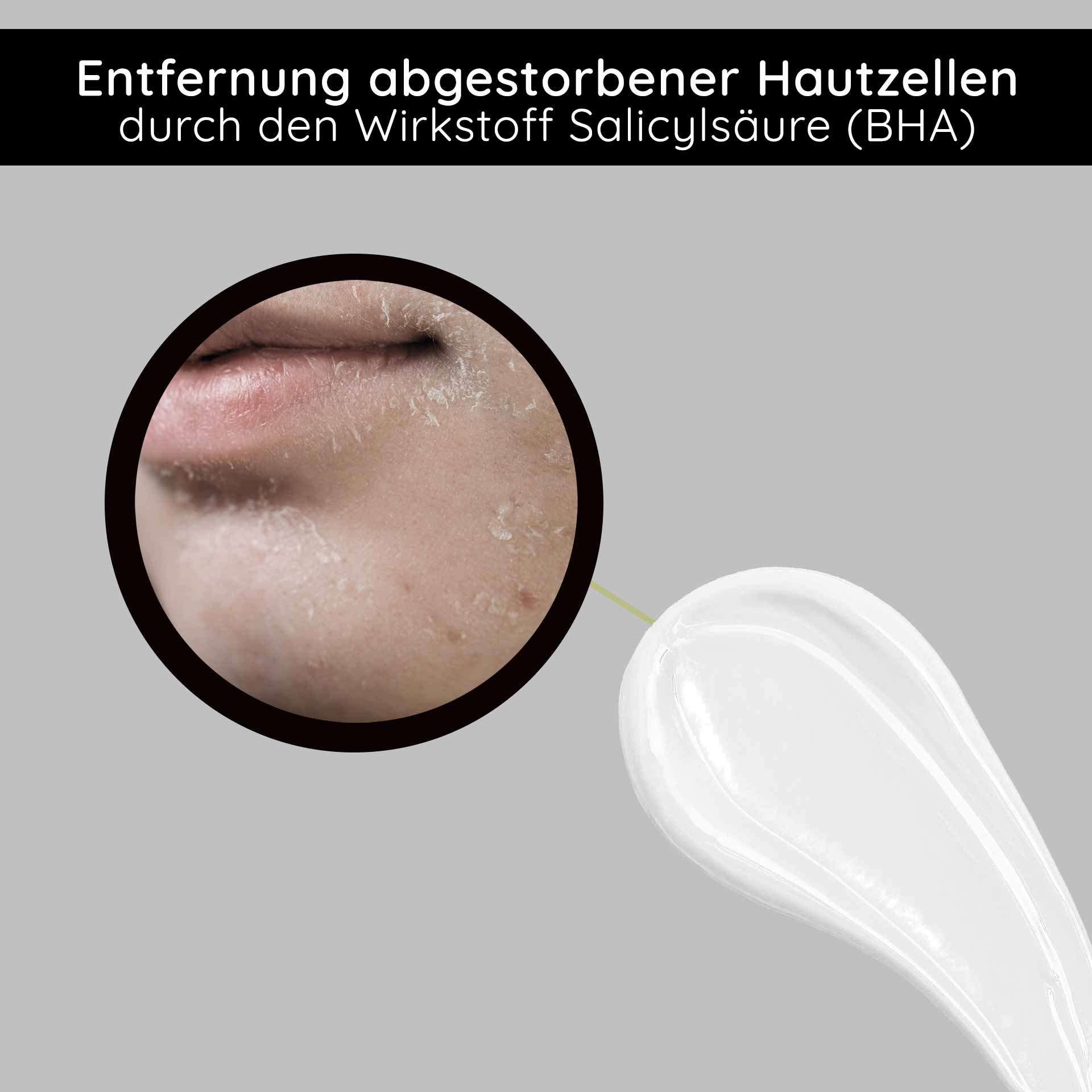 Removal of dead skin cells by salicylic acid (BHA) with texture view of the fruit acid cream by RAU Cosmetics.