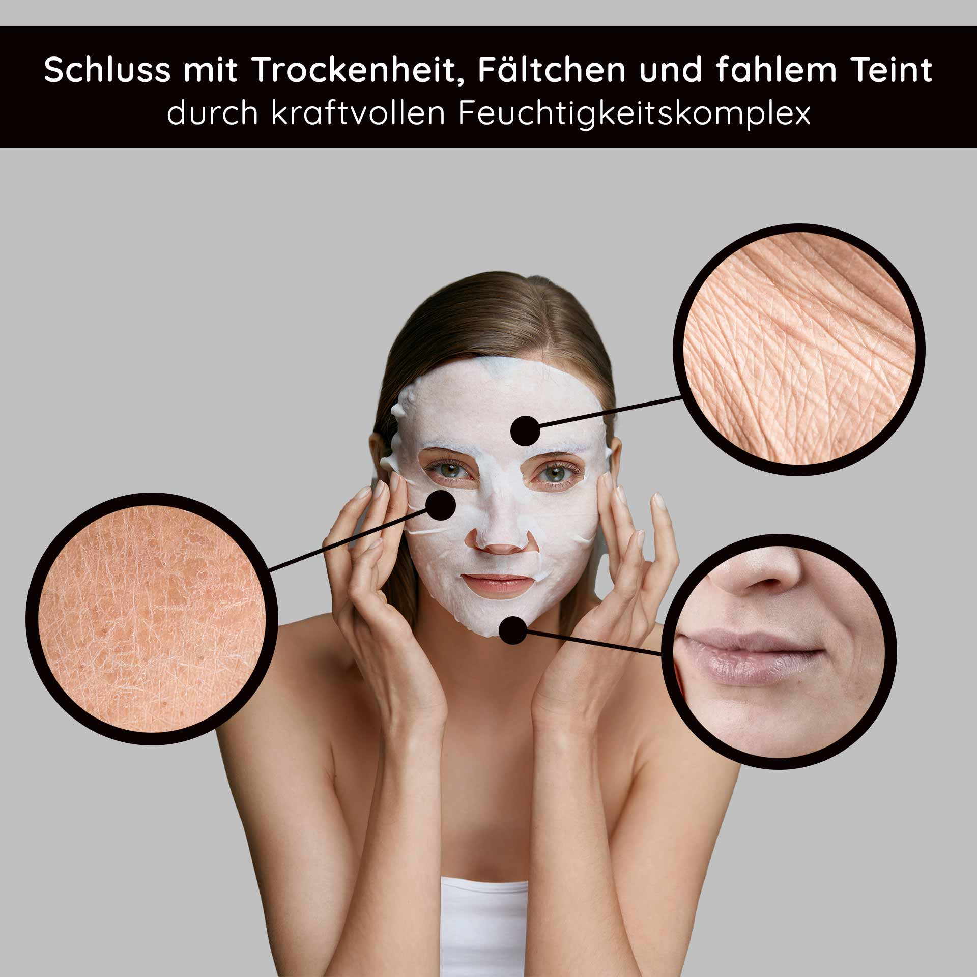 Collagen & Hyaluronic Acid Mask Fleece Mask - Pack of 10 Frau mit Gesichtsmaske, die Trockenheit, Fältchen und fahlem Teint bekämpft, umgeben von Hauttexturen zur Veranschaulichung der Wirkung des Feuchtigkeitskomplexes.