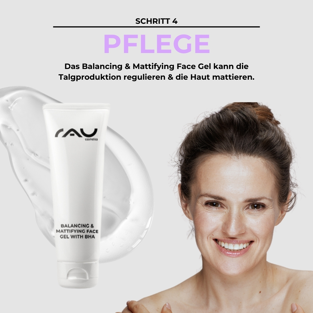 Professional care routine for oily skin Ausgleichendes und mattierendes Gesichtsgel von RAU Cosmetics, Schritt 4 der Pflegeroutine für fettige Haut, lächelnde Frau mit reiner Haut, Geltextur im Hintergrund, Vorteile für die Hautpflege hervorgehoben.