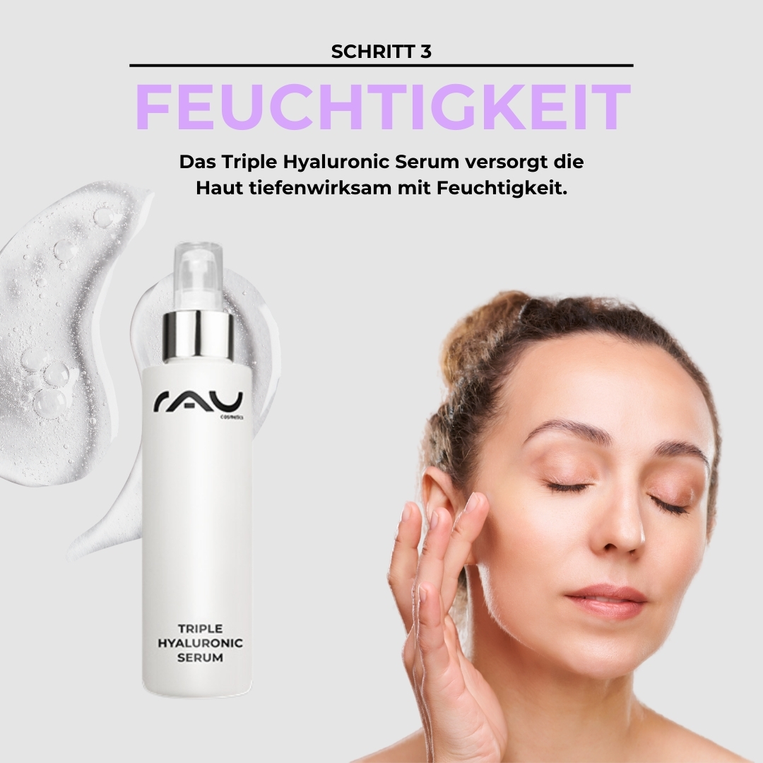 Advanced care routine for dry skin RAU Cosmetics Advanced Pflegeroutine für trockene Haut – Schritt 3: Feuchtigkeits-Booster. Abbildung eines Produkts aus der Pflegeserie auf einem Holztisch, umgeben von natürlichen Materialien.
