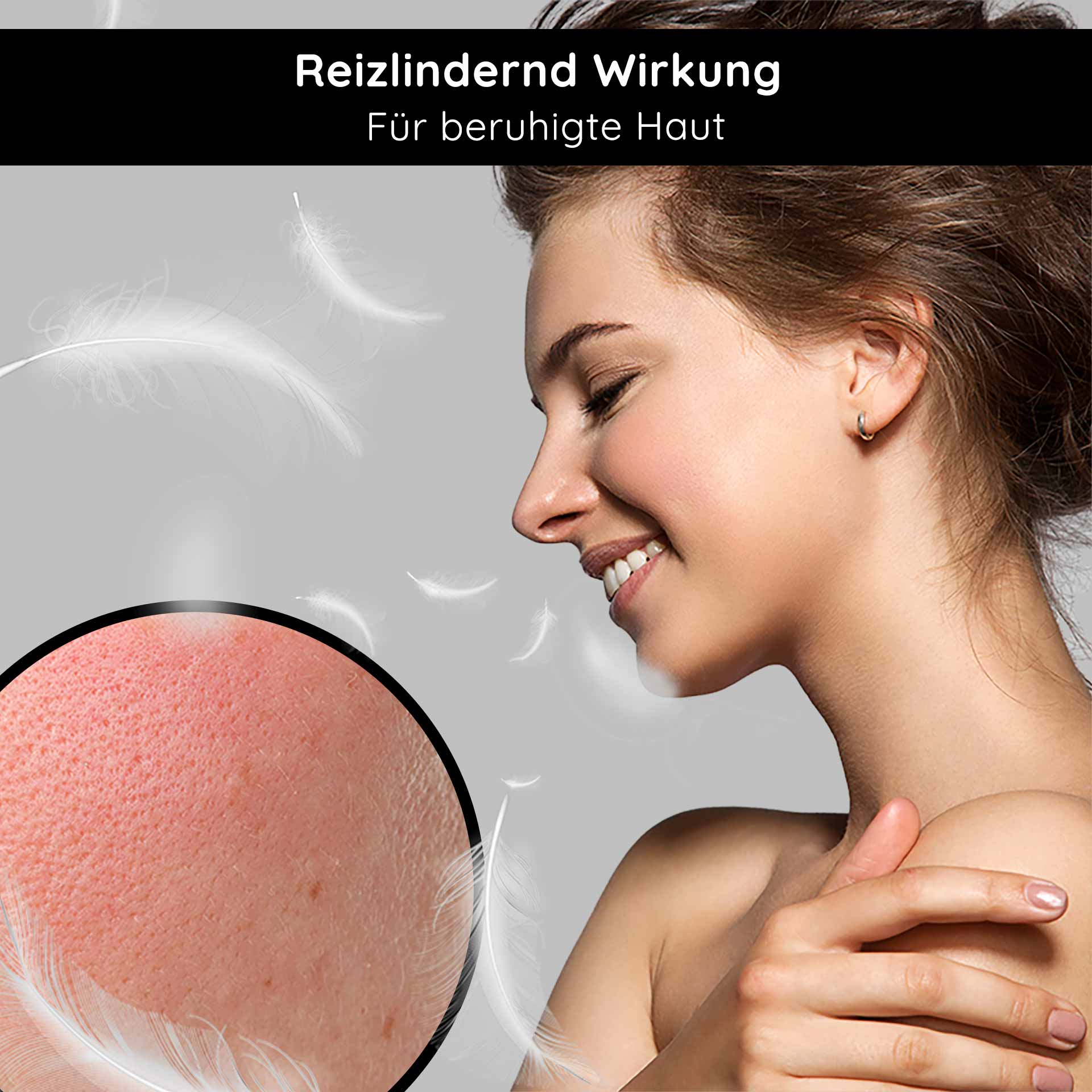 Balancing & Mattifying Gel with BHA 75 ml - facial care for impure and oily skin with salicylic acid for the night Reizlindernd wirkende Frau mit beruhigter Haut und Hautnahaufnahme zur Verfeinerung der Poren, passend zur RAU Cosmetics Gesichtscreme für unreine und fettige Haut.