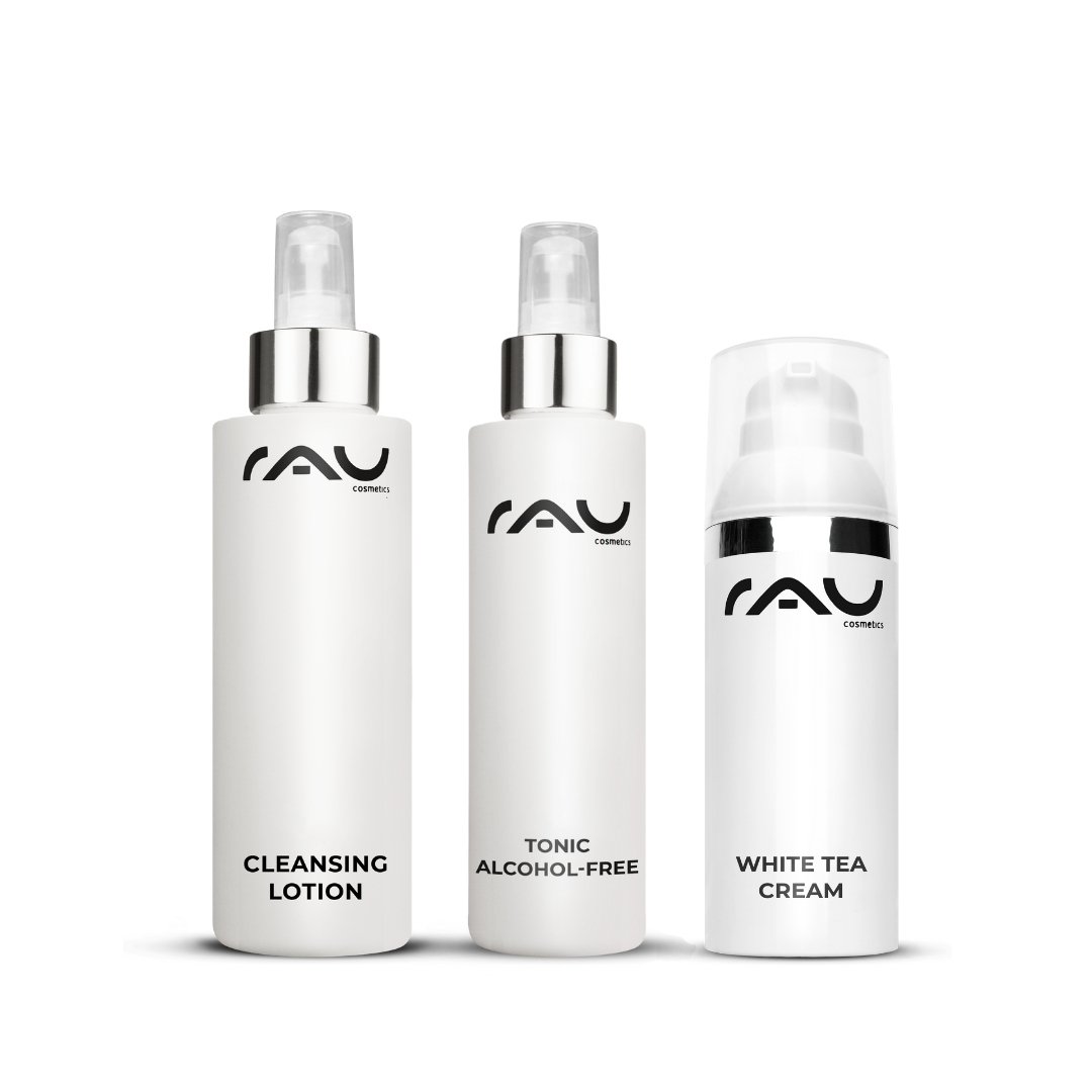 Basic skincare routine for normal skin by RAU Cosmetics, consisting of gentle Cleansing Lotion, alcohol-free tonic, and light moisturizer.