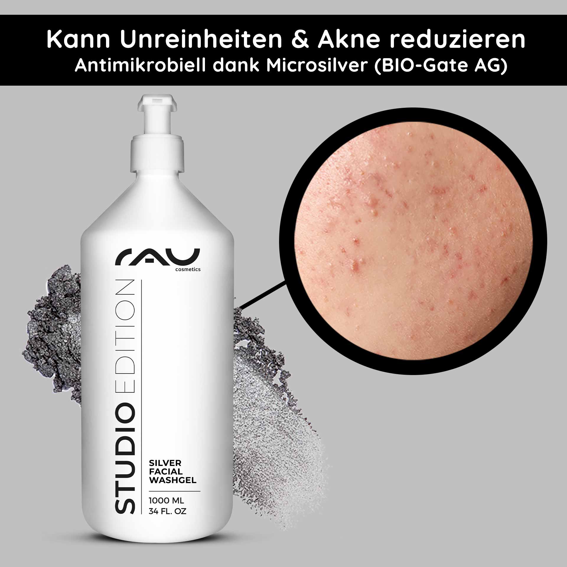Silver Facial Wash Gel 1000 ml Microsilver Wash Gel RAU Cosmetics Silver Facial Washgel bottle with a close-up of acne-prone skin, highlighting antimicrobial properties of microsilver for effective facial cleansing and skincare.