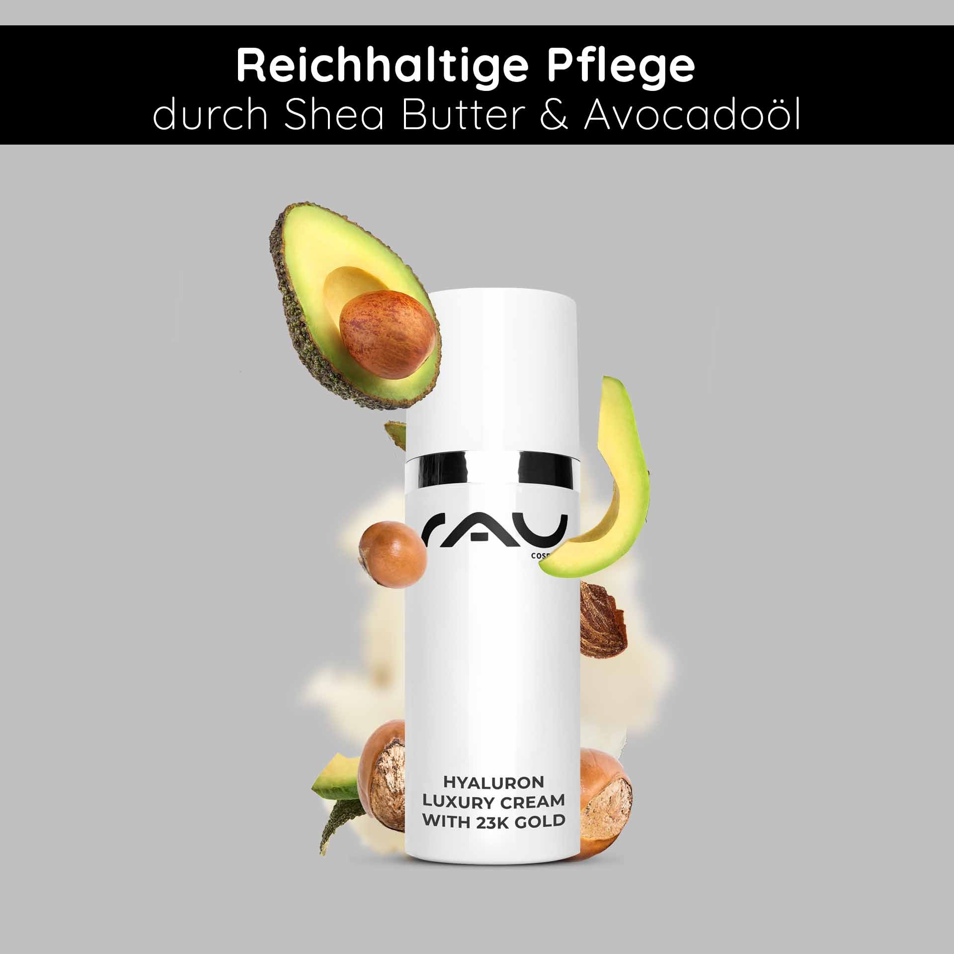 Hyaluron-Luxuscreme mit 23 Karat Gold in einer eleganten weißen Flasche, umgeben von Avocado und Sheabutter, die die reichhaltigen Hautpflegevorteile gegen Alterung und Feuchtigkeitsversorgung betont und sich als Geschenk zum Muttertag eignet.
