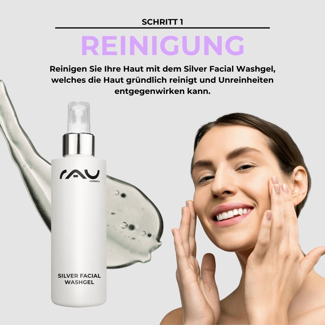 Woman with a radiant smile applying RAU Silver Facial Washgel to her face to cleanse impure skin; in the background, a gentle, transparent gel texture.