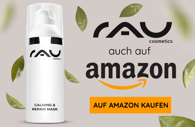 RAU Cosmetics Calming & Repair Mask in eleganter Verpackung, fördert die Feuchtigkeitsversorgung empfindlicher Haut und ist bei Amazon erhältlich.