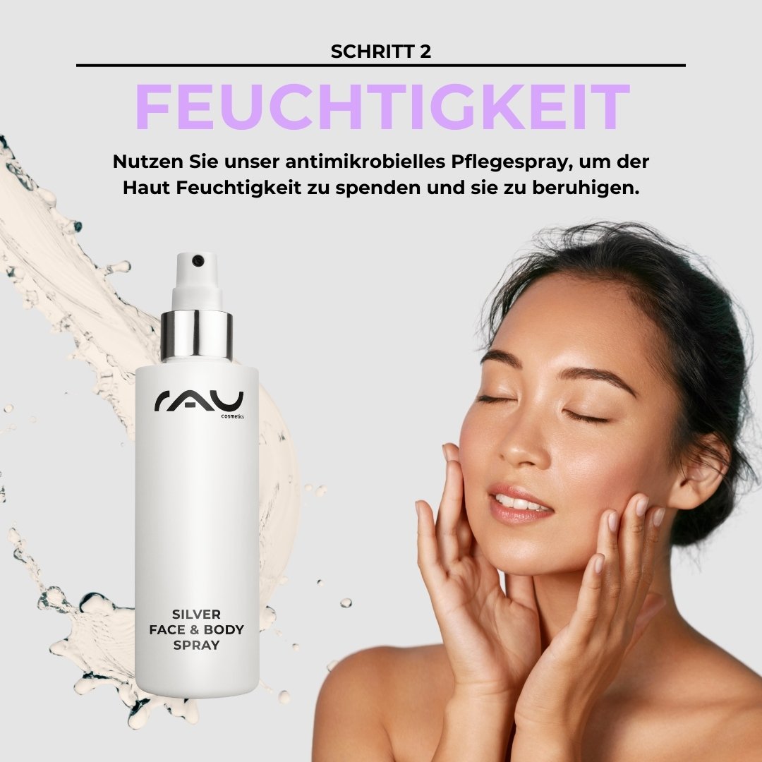 RAU Cosmetics Silver Face & Body Spray for moisturizing and soothing the skin, woman applying the product with closed eyes, Step 2 of the skincare routine for neurodermatitis.