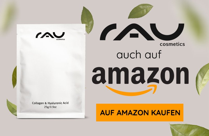 RAU Cosmetics Collagen und Hyaluronsäure Puder Verpackung mit minimalistisches Design, erhältlich auf Amazon.