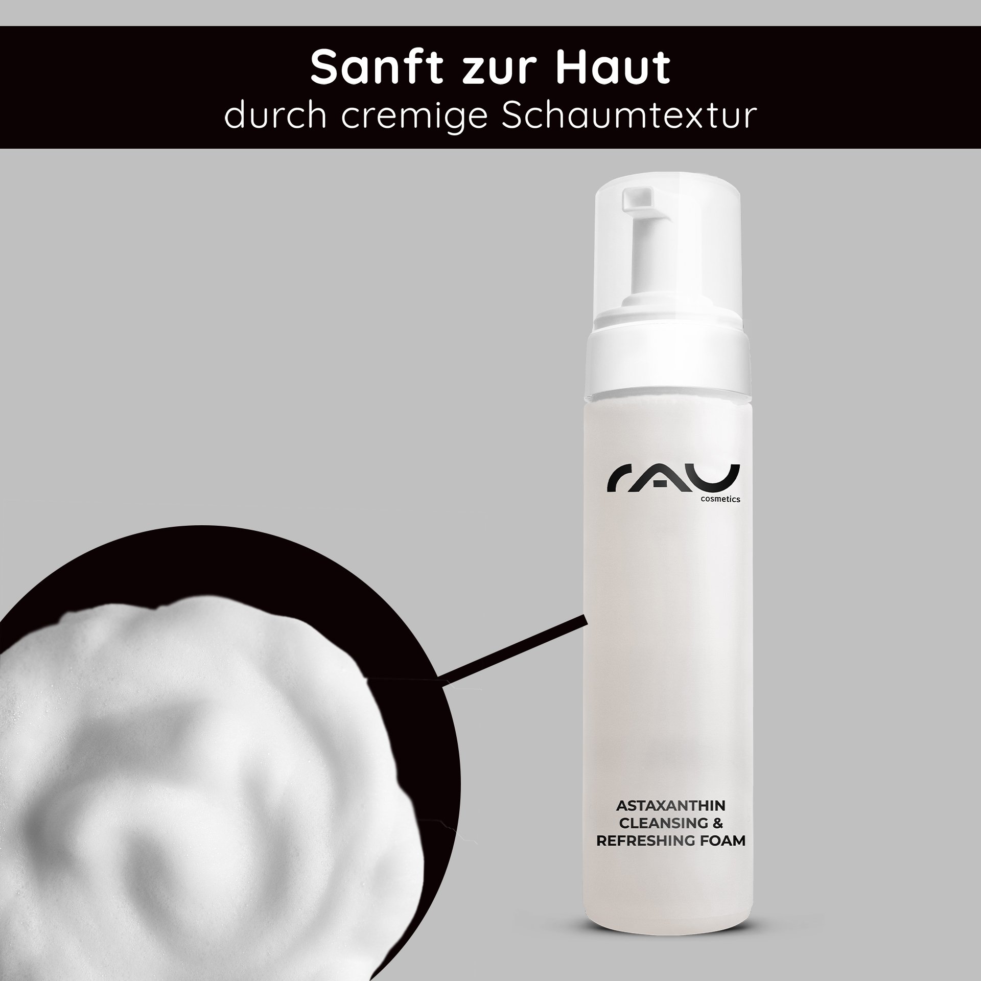 RAU Astaxanthin Cleansing Foam 200 ml Pumpflasche Detailansicht des cremigen Reinigungsschaums