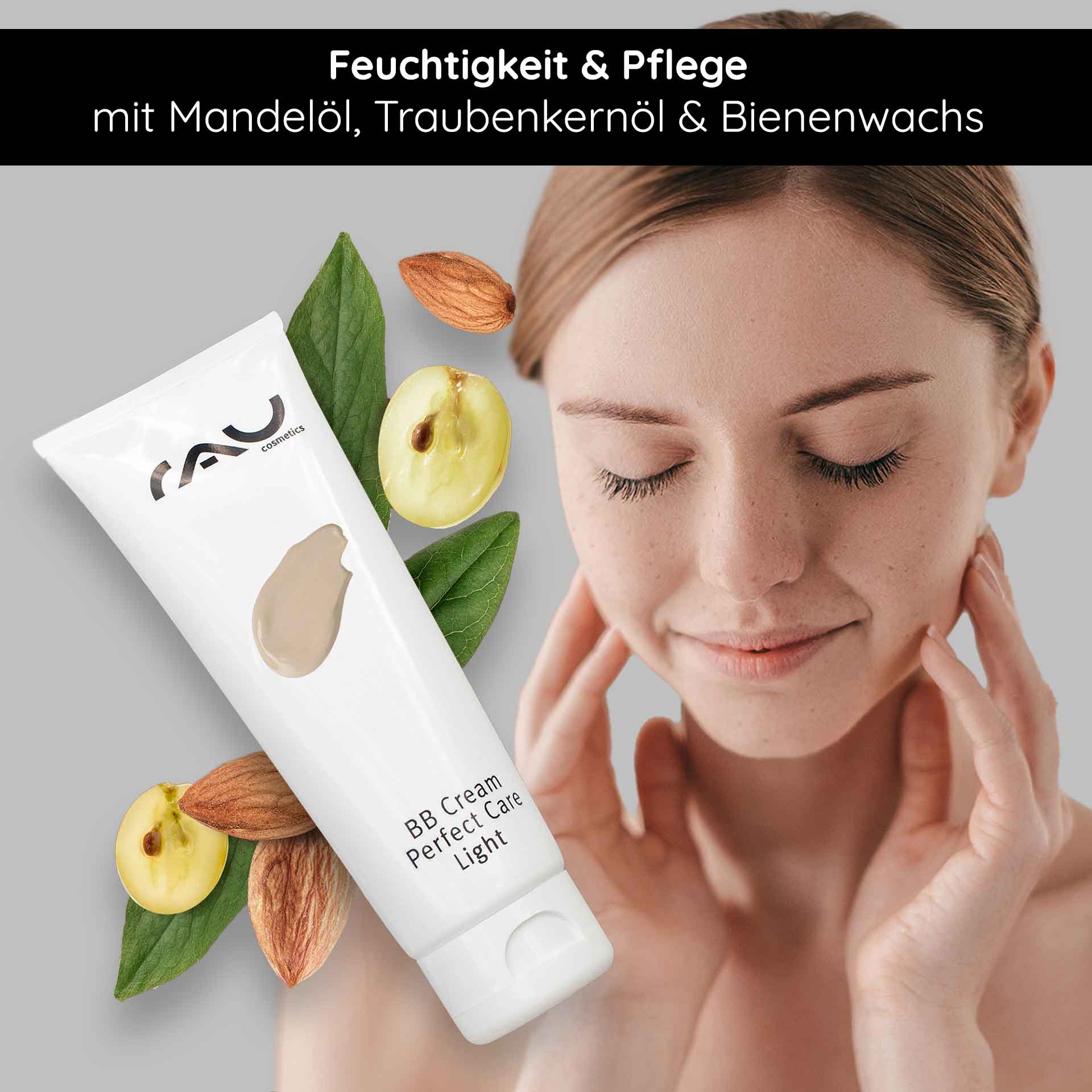 BB Cream Perfect Care Light 75 ml SPF12 Make-up & Care BB Cream Perfect Care Light Tube von RAU Cosmetics mit Mandelöl, Traubenkernöl und Bienenwachs, neben einer Frau bei der Hautpflege, die die feuchtigkeitsspendende und pflegende Wirkung für einen strahlenden Teint demonstriert.