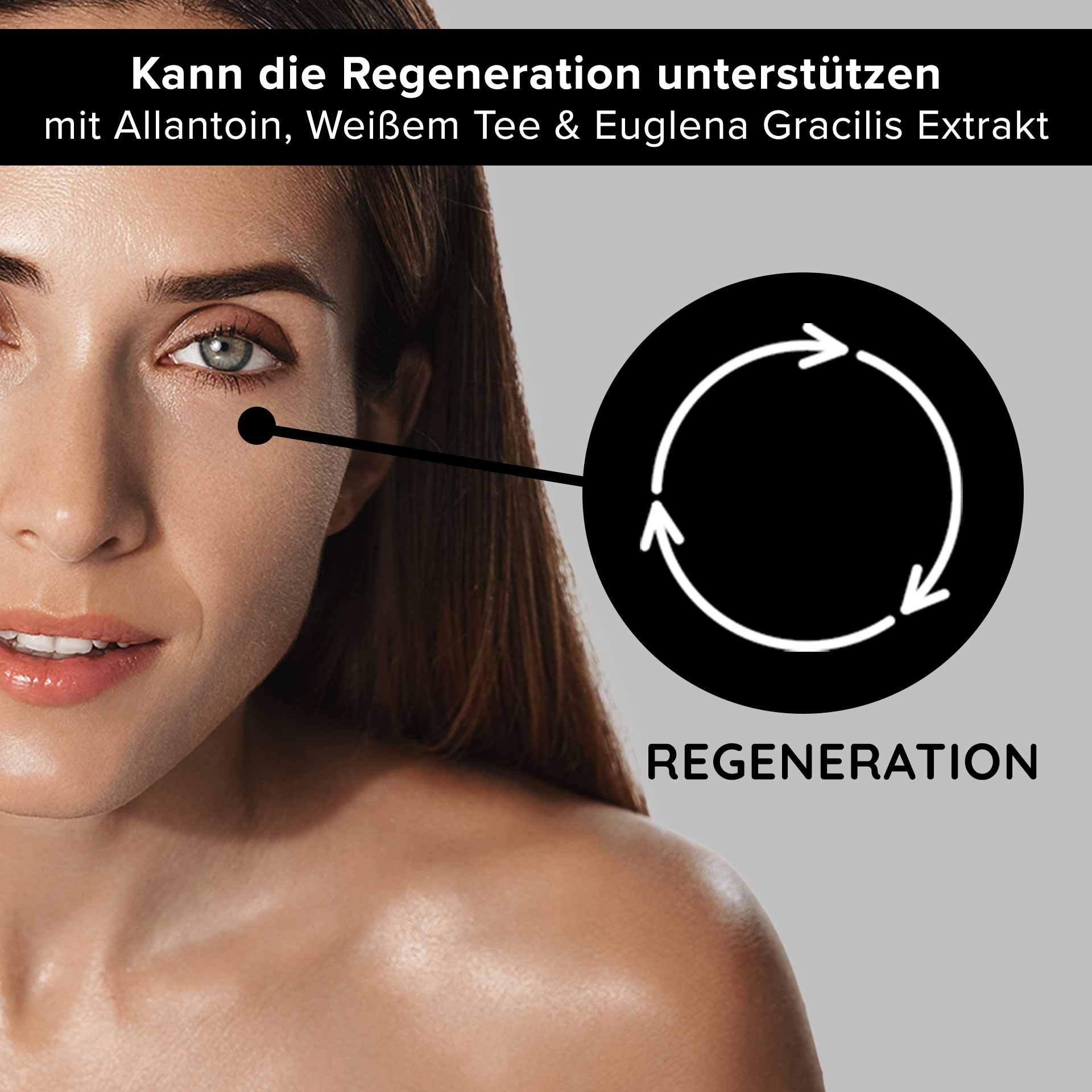 Woman with a radiant complexion and visible eye, emphasizing the regenerating properties of RAU Cosmetics White Tea Eye Cooling Gel with allantoin, white tea, and Euglena gracilis extract.